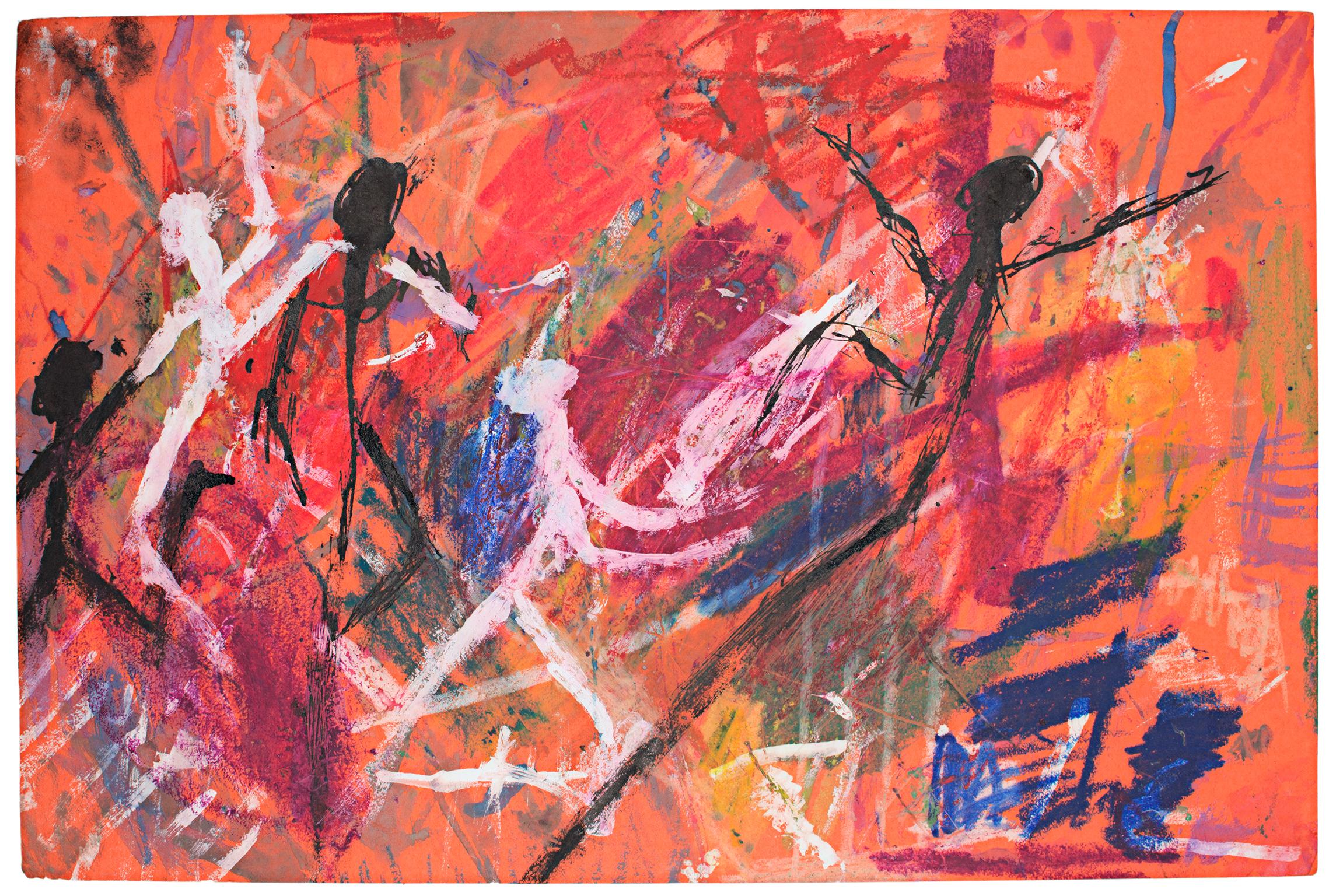 "Senza titolo" è un disegno originale a pastello a olio su carta rosa di Reginald K. Gee. Questo pezzo presenta figure astratte e semplificate in bianco e nero che danzano su uno sfondo astratto-espressionista in rosso, rosa, viola, blu e giallo.