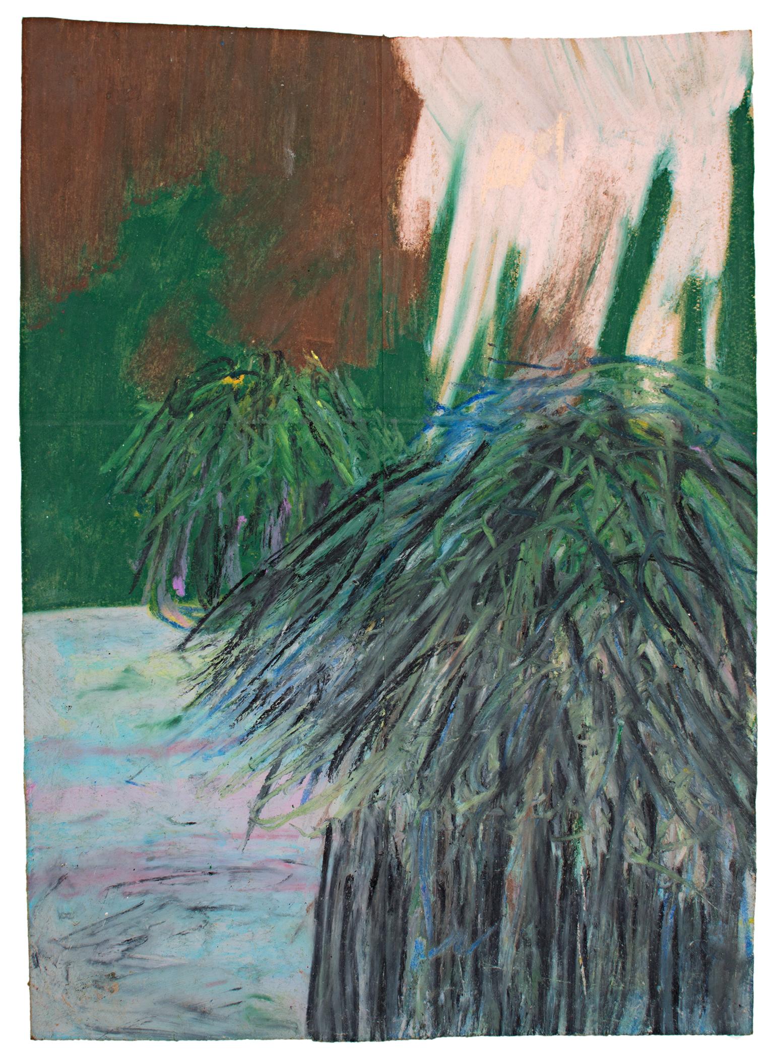 "Huts" is an original oil pastel drawing on a paper bag by Reginald K. Gee. The artist signed the piece on the back. It features two grass huts on a light blue ground. The background is brown, green, and peach and the huts are black and green. 

16"