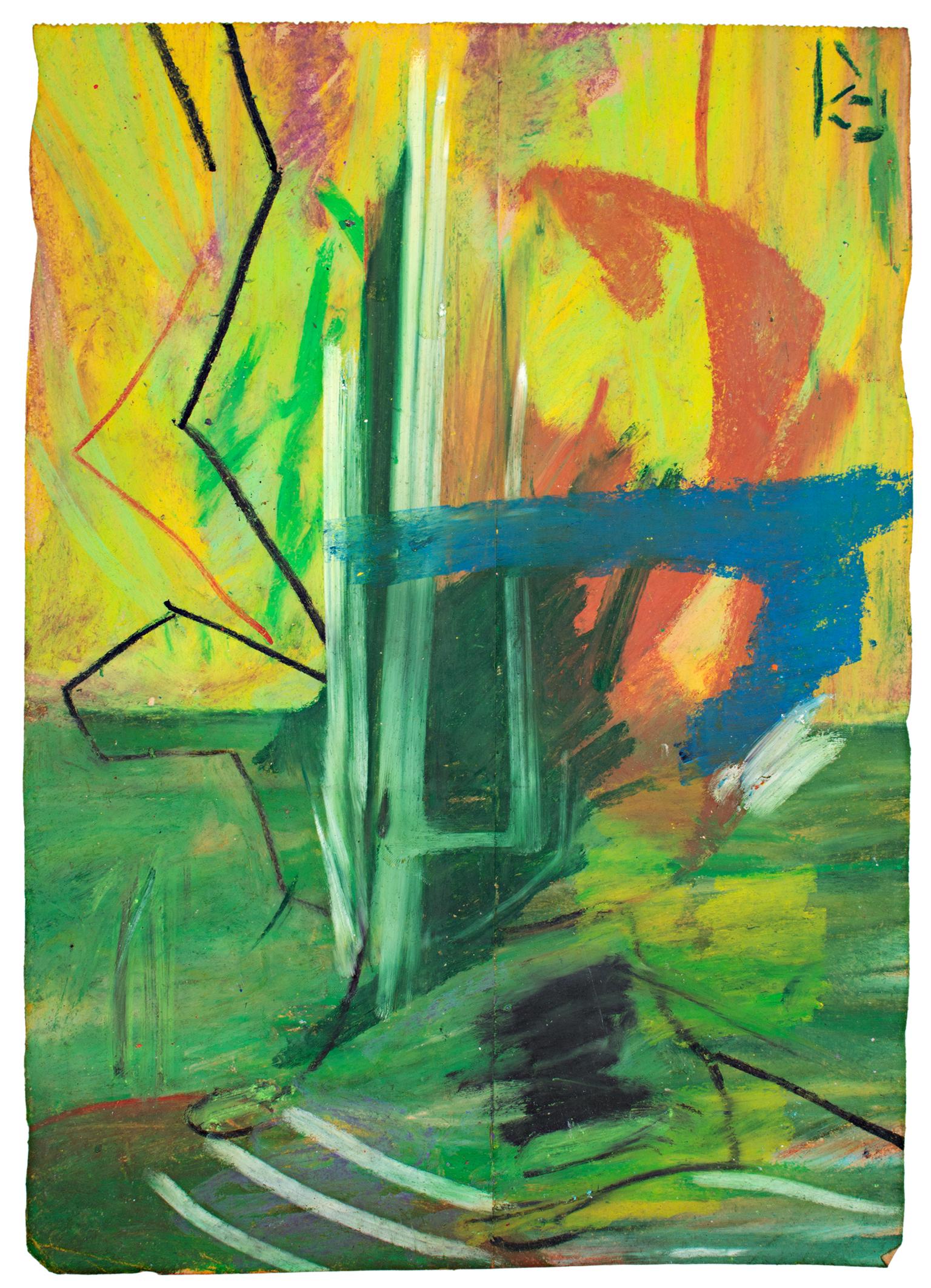 "Untitled" is an original oil pastel drawing on a grocery bag by Reginald K. Gee. The artist initialed the piece upper right. This piece features a variety of abstract marks and lines in green, yellow, orange, blue, black, and white. 

16 1/2" x 11