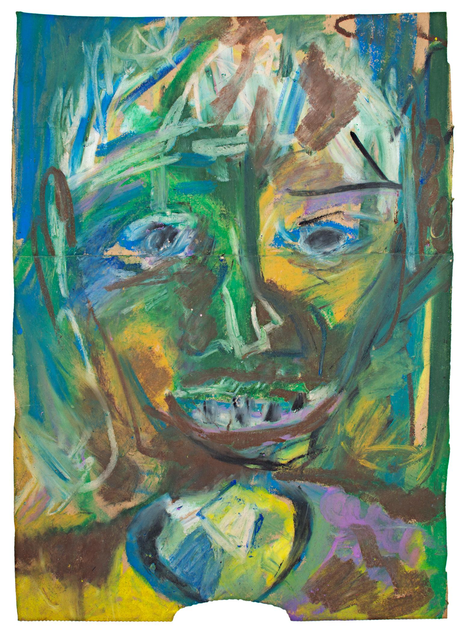 "Phizo, " Abstract Portrait Oil Pastel on Grocery Bag signed by Reginald K. Gee