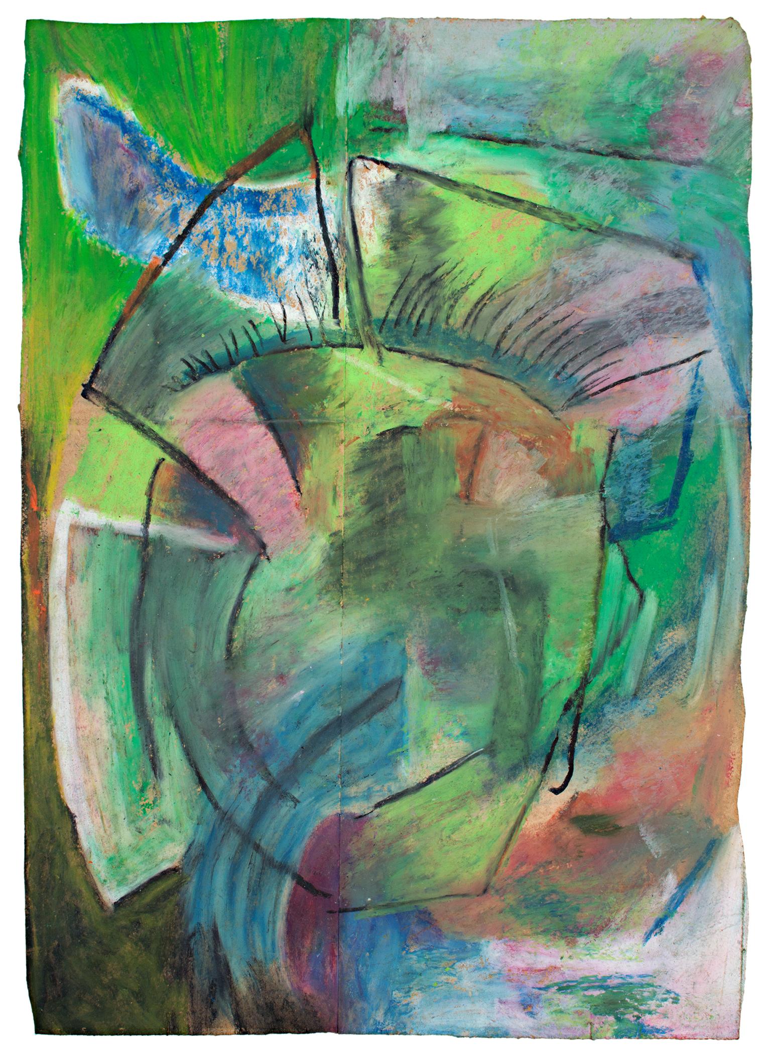 "Scif" est un dessin original au pastel gras sur un sac d'épicerie de Reginald K. Gee. L'artiste a signé l'œuvre au dos. Cette pièce présente des formes et des marques abstraites en vert avec un peu de bleu et de rose. 

16 1/2" x 11 3/4"