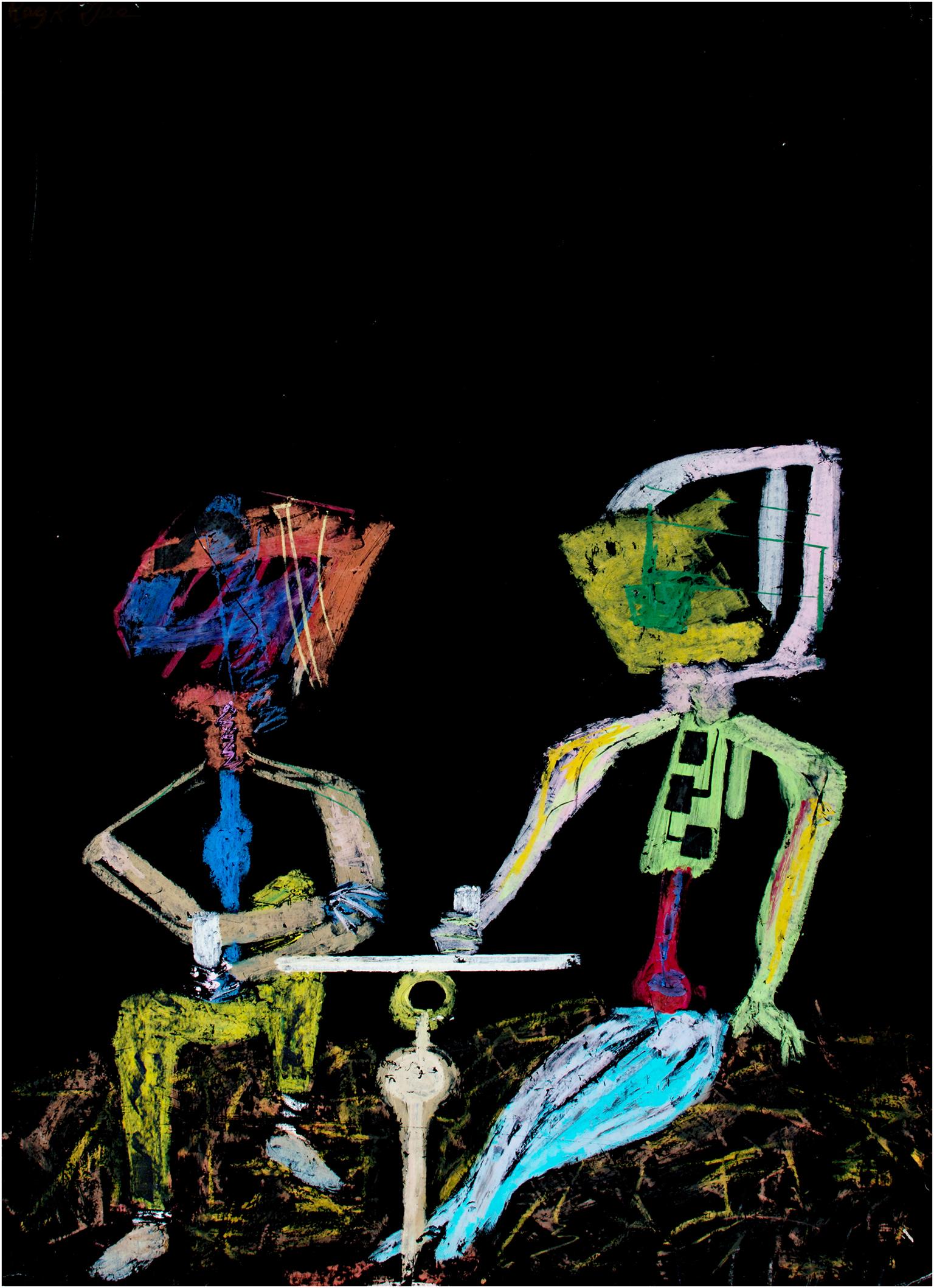 "Two of the Controlling Members" is an original oil pastel drawing on board by Reginald K. Gee. The artist signed the piece upper left. This artwork features two figures seated at a table. The figures are abstracted and almost machine-like. The