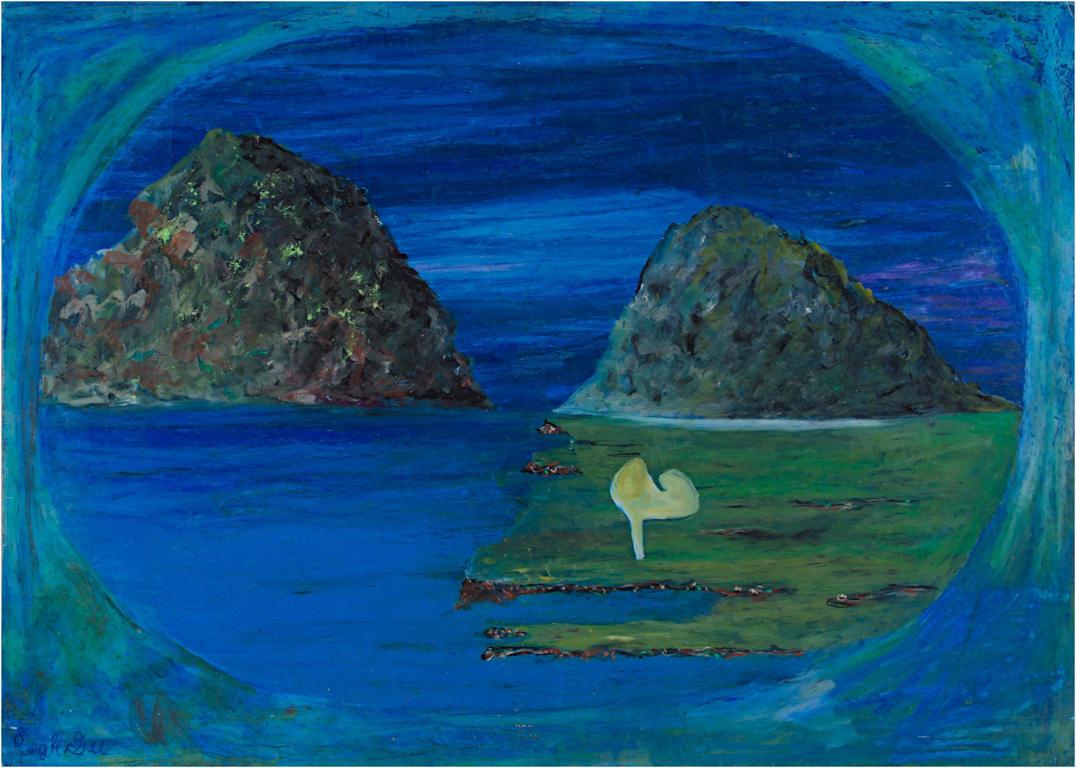 Blaue Landschaft, Ölpastell von Reginald K. Gee, „Looks Like a Nice Getaway Spot“,