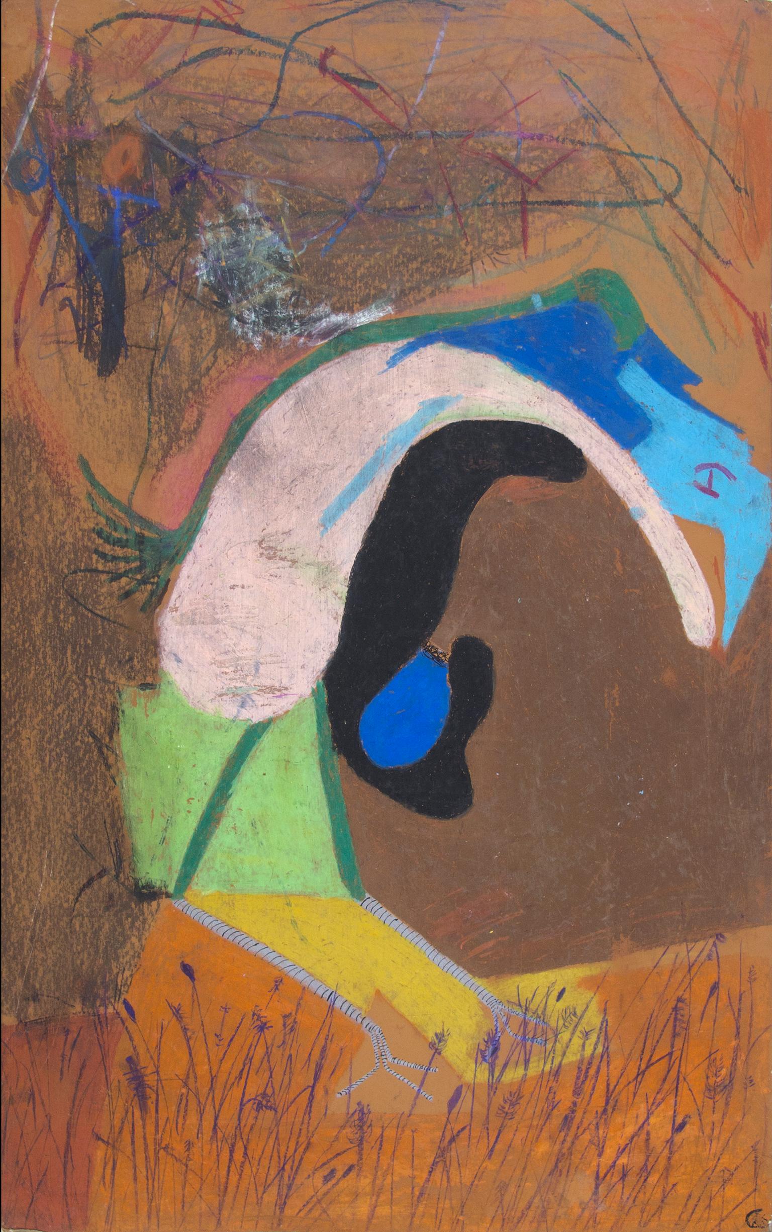 "Der erste Vogel mit Ei, Entenküken Abstraktion" ist ein Original Ölpastell auf Karton von Reginald K. Gee. Der Künstler hat das Werk auf der Rückseite paraphiert. Es zeigt ein abstrahiertes Entenküken, das ein blaues Ei auf braunem und