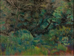 Scène contemporaine de paysage pastel coloré d'arbres, d'herbe et de forêt signée