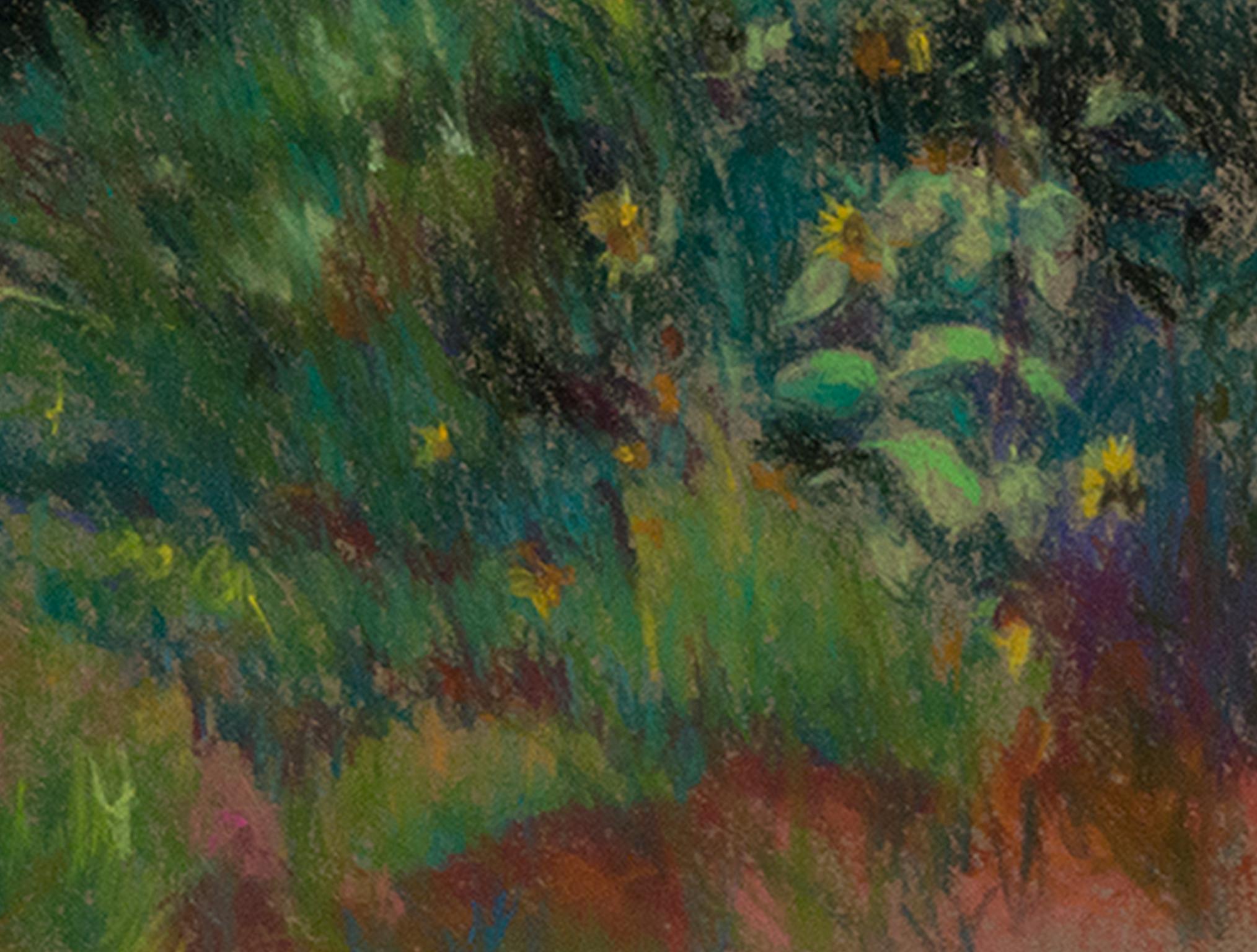 Paesaggio colorato a pastello contemporaneo, alberi, erba e foresta, firmato - Art di Peggy Leonard