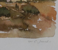 Acquerello contemporaneo paesaggio campagna casa campo alberi cielo firmato