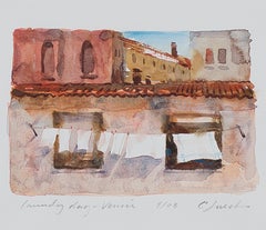Contemporary Aquarell Landschaft Stadt Dächer Gebäude Himmel unterzeichnet