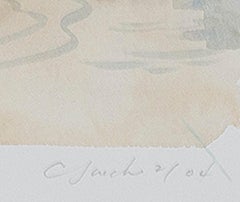 Contemporary watercolor landscape city canal boats buildings sky signed