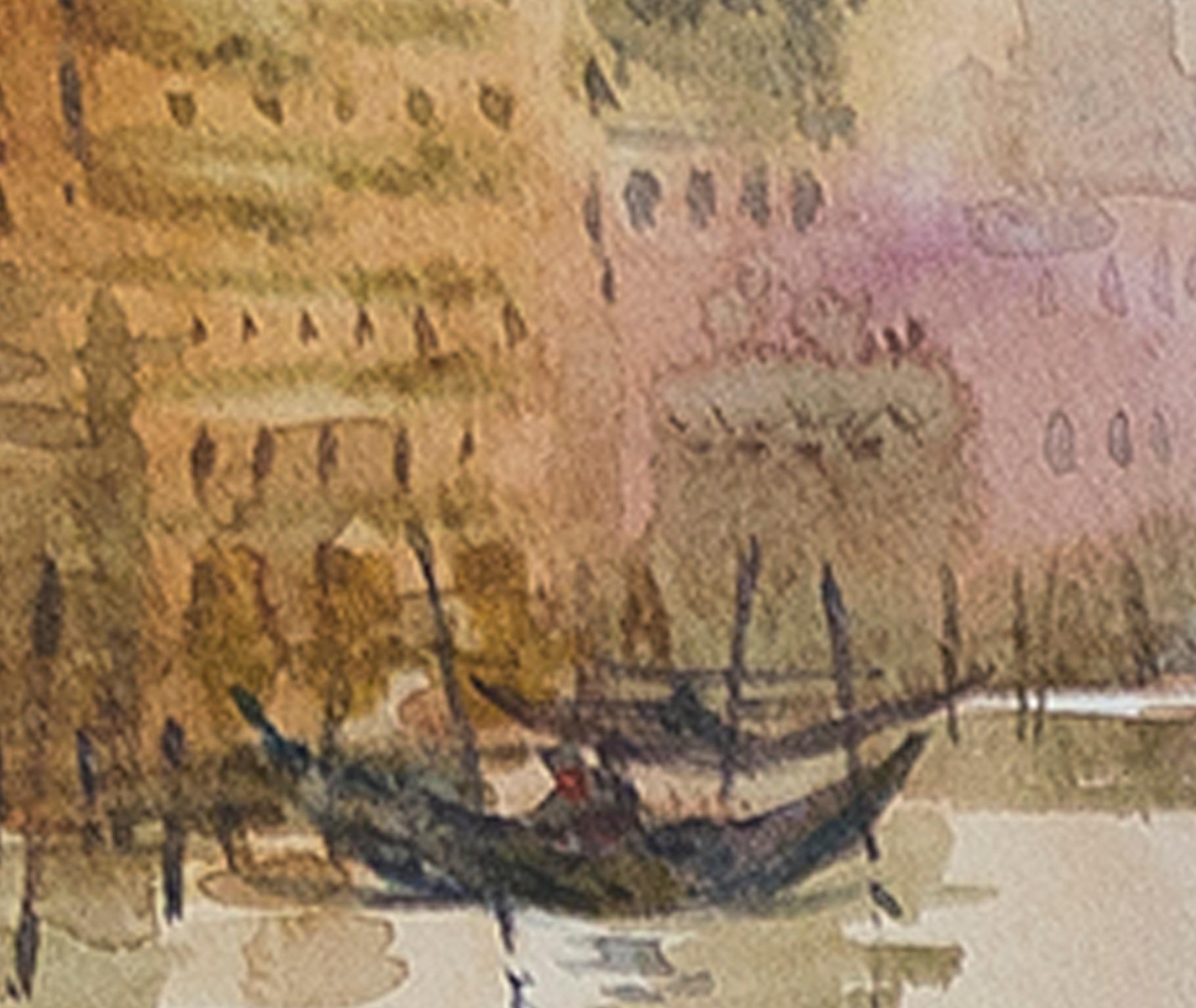 Acquerello contemporaneo paesaggio città canale barche edifici cielo firmato - Landscape Art Grigio di Craig Lueck