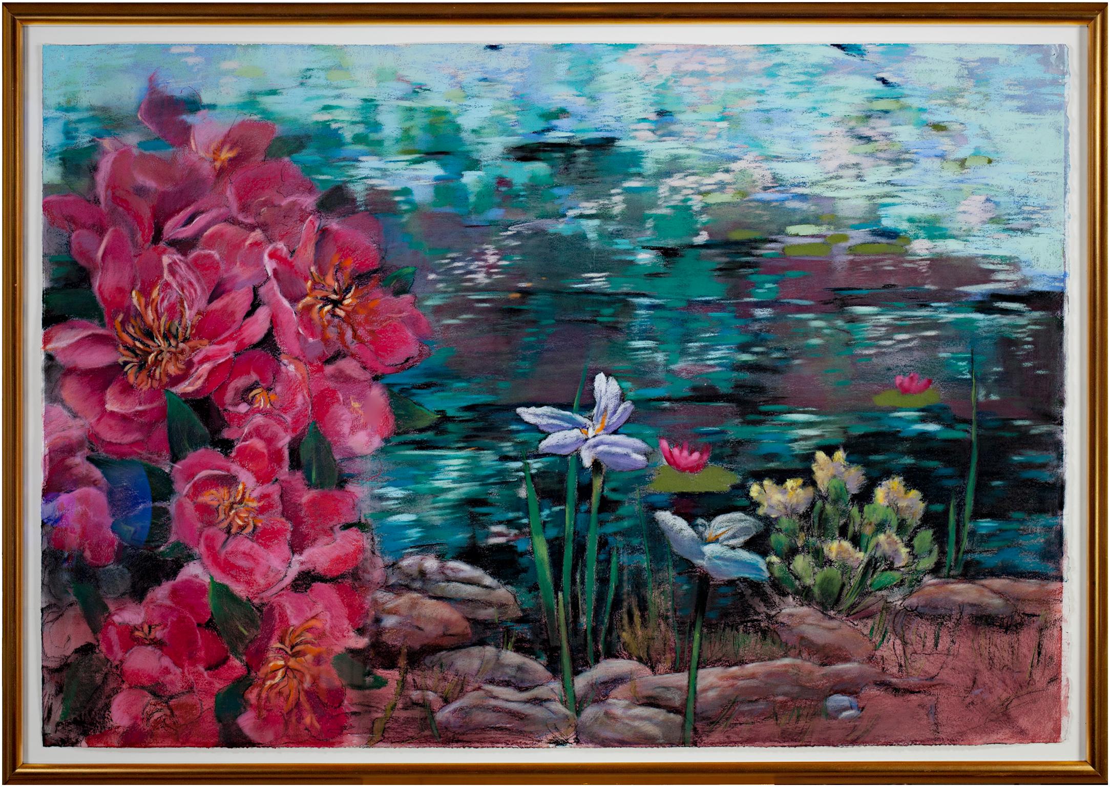 Contemporary expressionist colorful gouache painting pastel flowers plants water - Black Landscape Art by Victoria Ryan