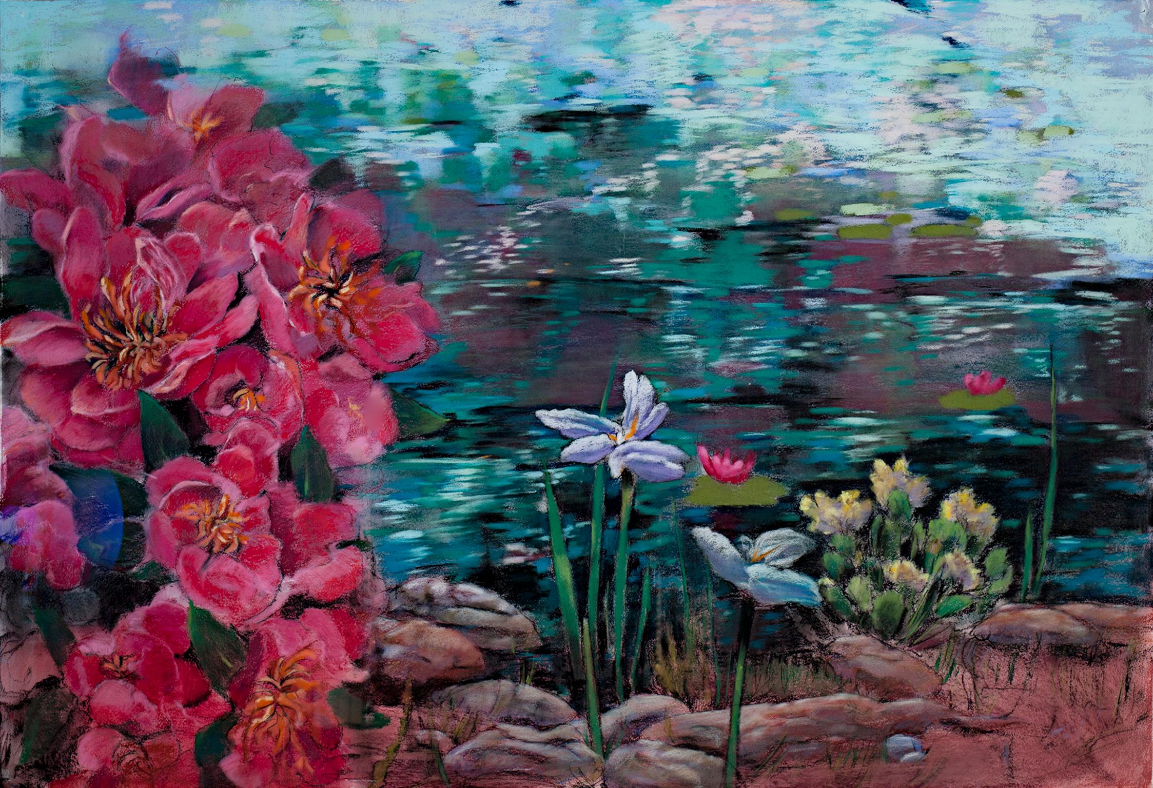 Peinture gouache contemporaine colorée pastel fleurs plantes eau