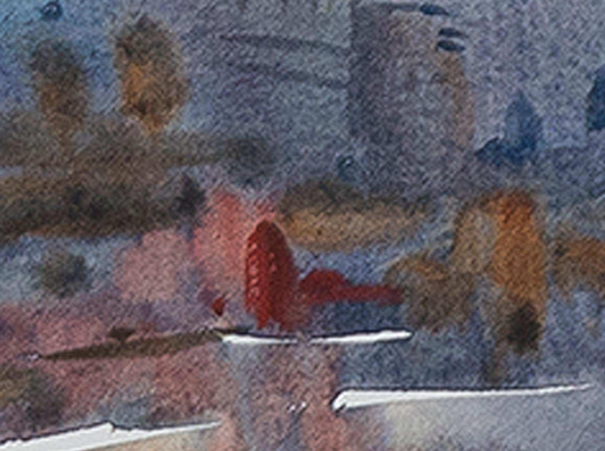 Acuarela contemporánea paisaje ciudad edificios cielo pequeña firmada - Landscape Art Gris de Craig Lueck
