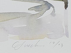 Contemporary watercolor landscape city buildings sky small signed