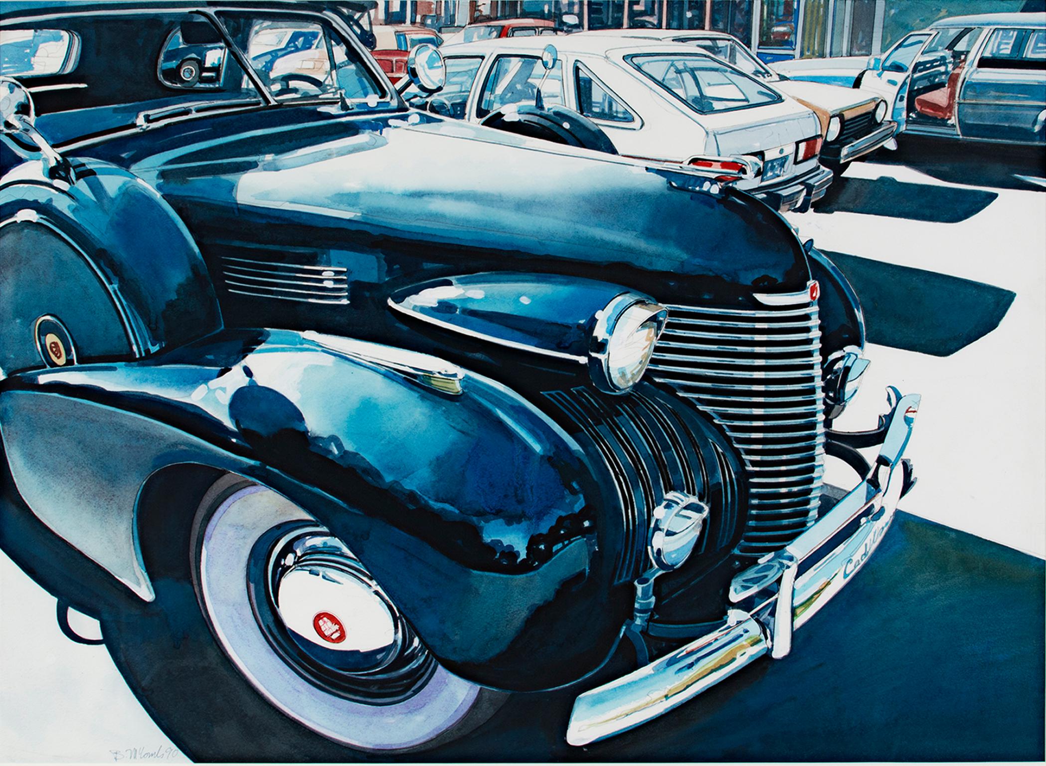 "Cadillac" ist ein originales fotorealistisches Aquarell von Bruce McCombs. Der Künstler hat das Werk unten links signiert. Es zeigt ein tiefblaues Auto auf einem Parkplatz mit einer Gebäudekuppel, die sich in der Reifenabdeckung spiegelt. 

21 3/4"