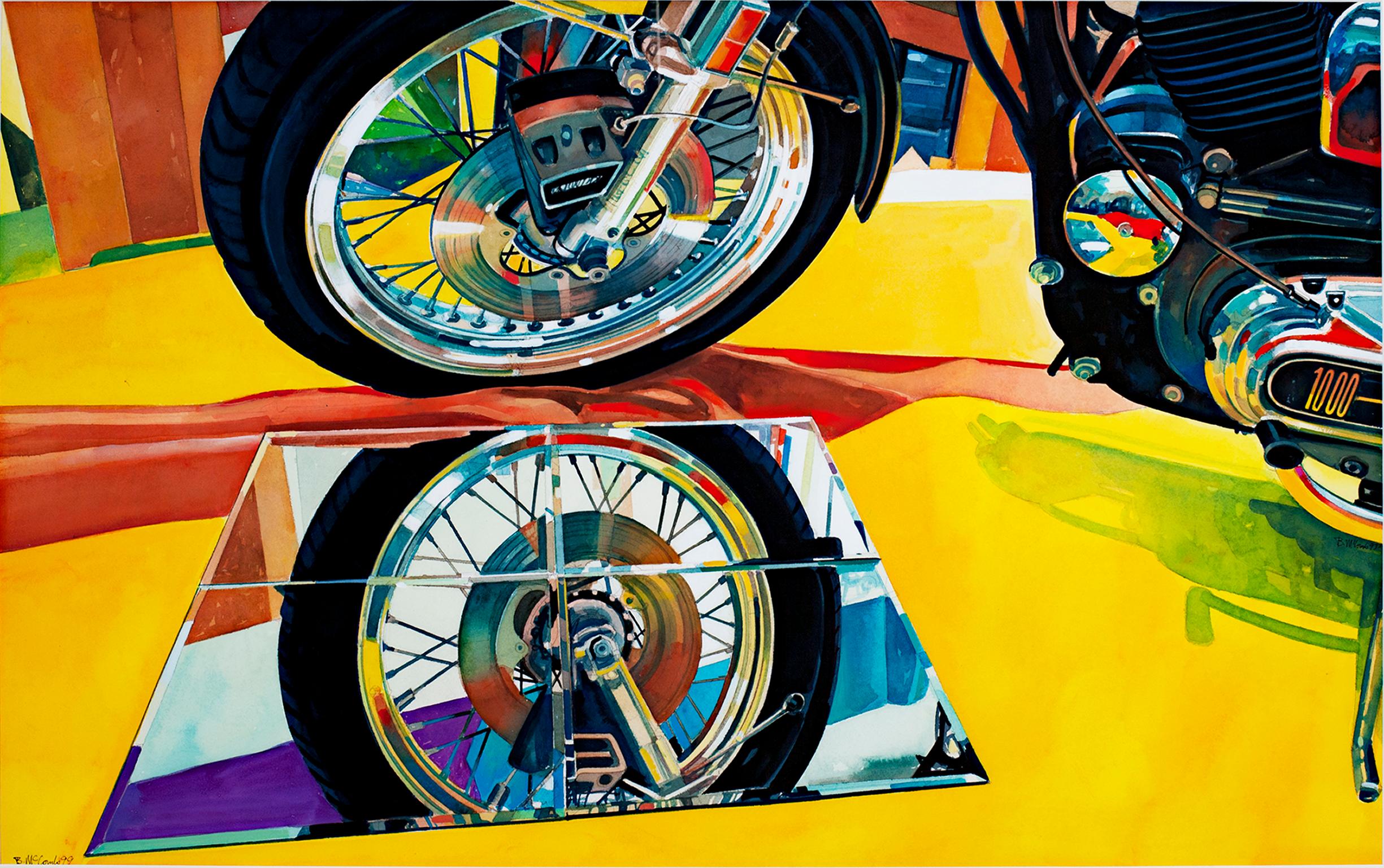 "Harley" ist ein Original-Aquarell von Bruce McCombs. Der Künstler hat das Werk unten links signiert. Es zeigt das Rad und den unteren Teil eines Harley Davidson Motorrads. Der Künstler verwendete hyperrealistische Techniken, um eine glaubwürdige