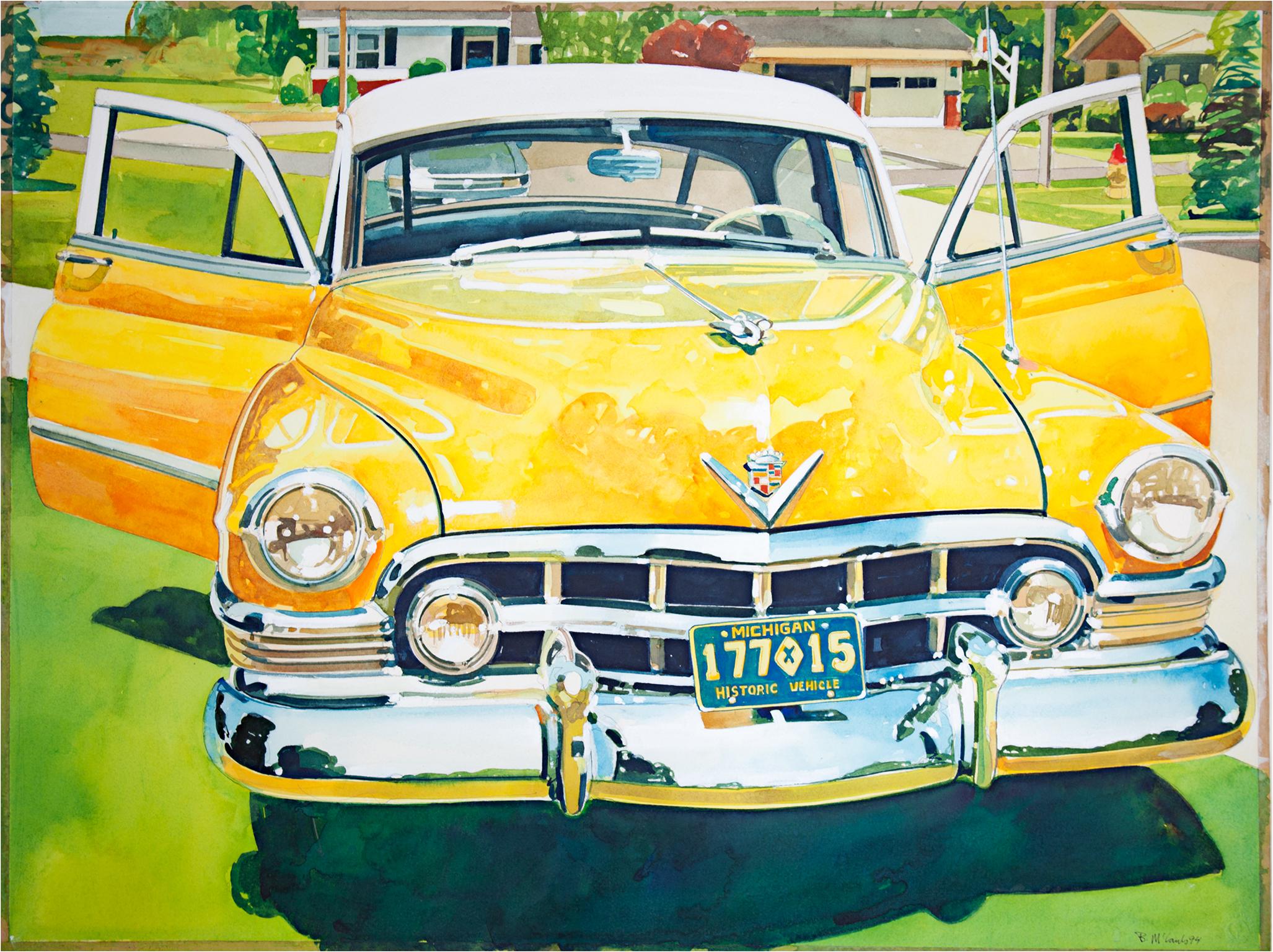 der "Gelbe Cadillac" ist ein Original-Aquarell von Bruce McCombs. Der Künstler hat das Werk unten rechts signiert. Es zeigt ein leuchtend gelbes Auto, das mit geöffneten Türen auf einer Wiese in einem Vorort steht. 

21 3/4" x 29 1/4" Kunst
25" x 32