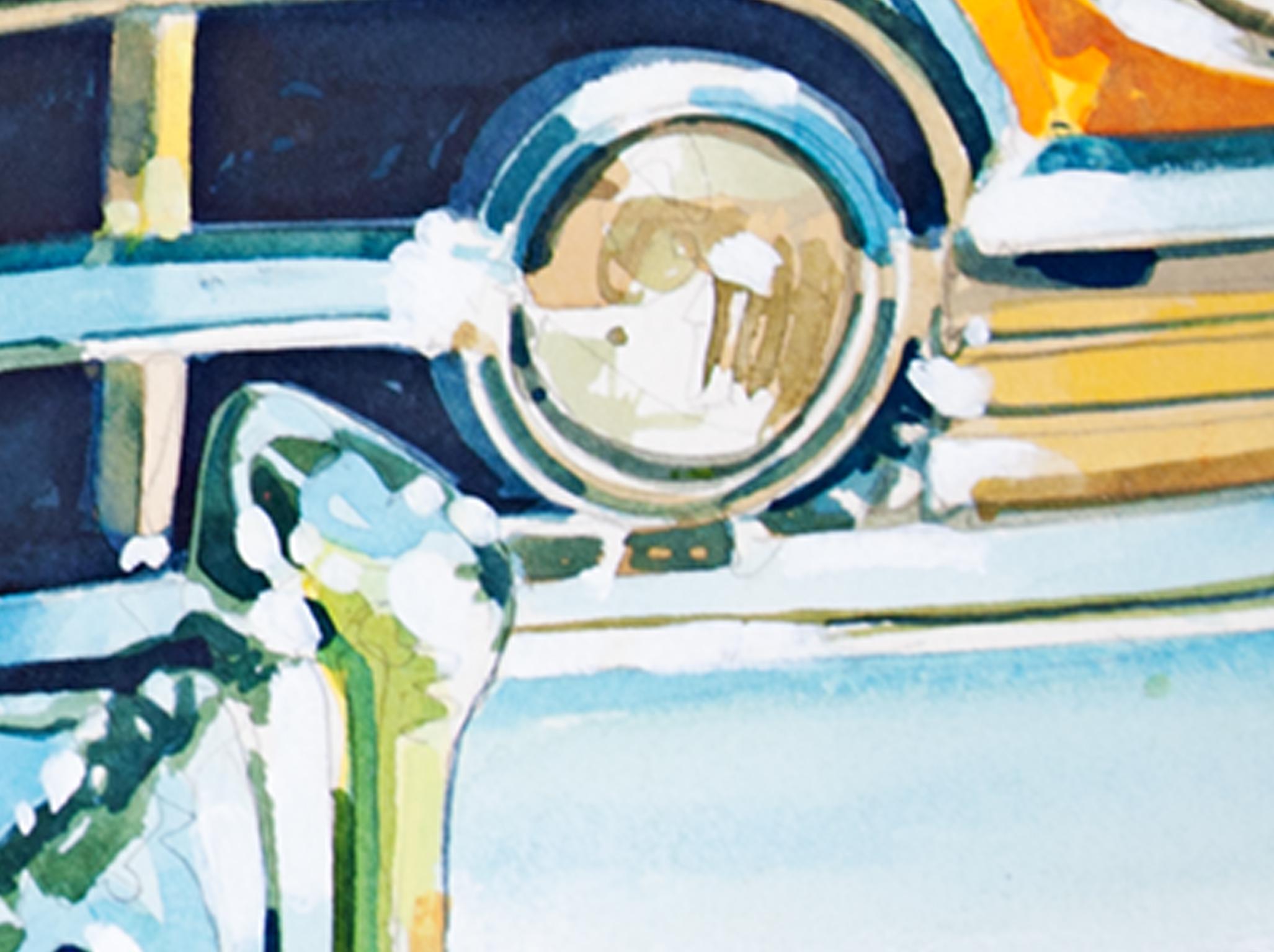 „Gelber Cadillac“, hyperrealistisches Aquarellgemälde, signiert von Bruce McCombs im Angebot 2