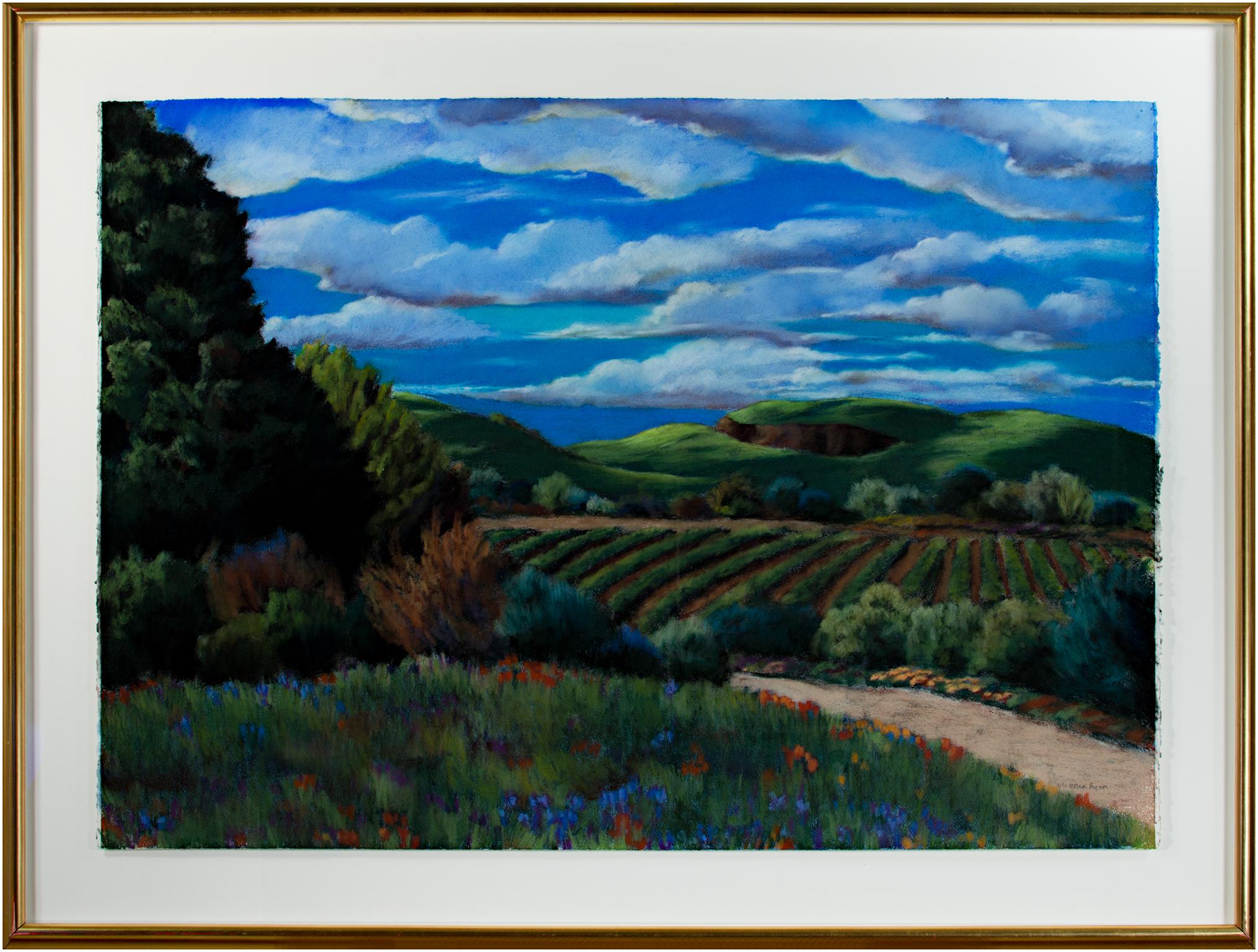 Contemporain coloré Pastel expressionniste Paysage nuages arbres ciel signé en vente 2