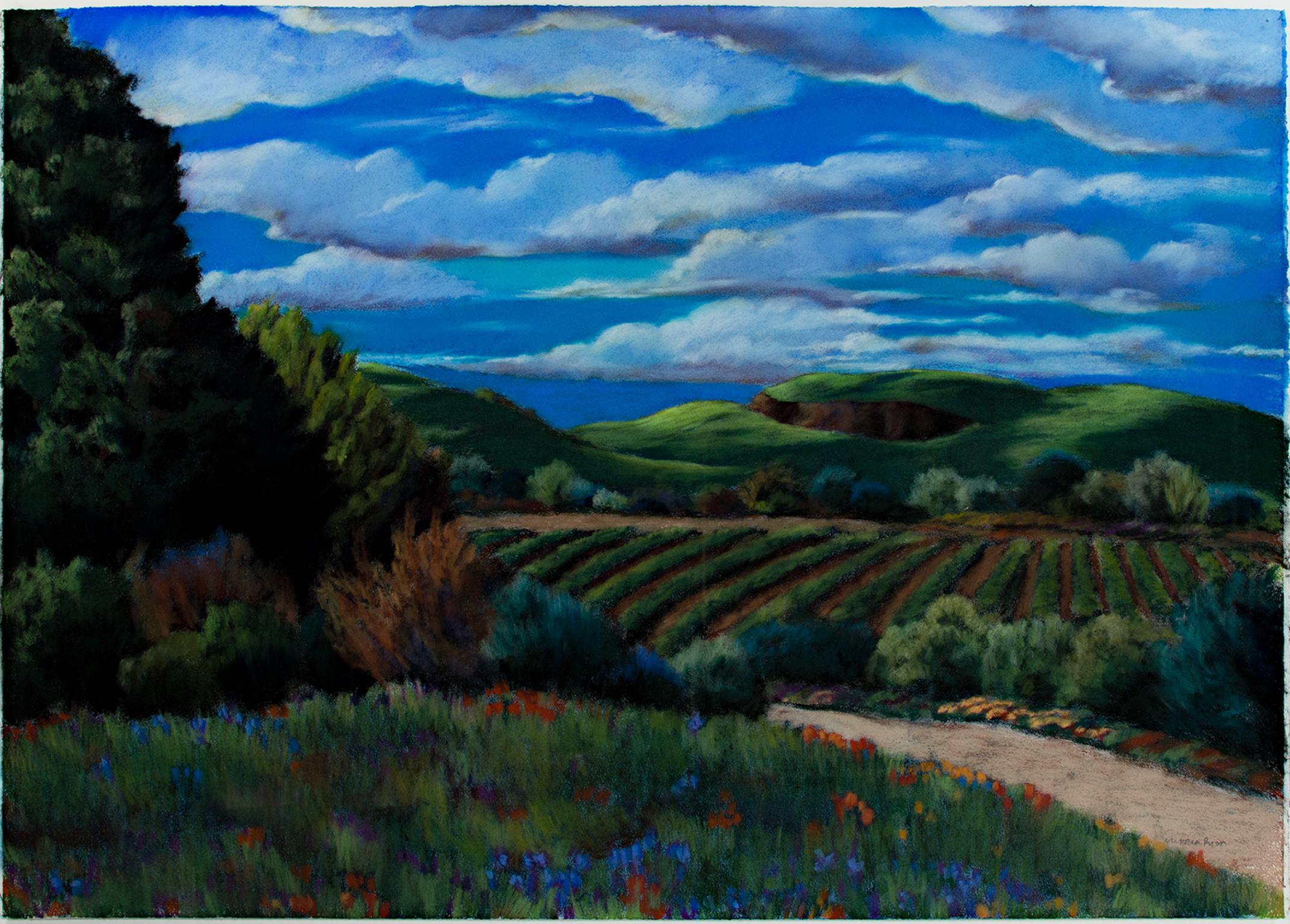 Landscape Art Victoria Ryan - Contemporain coloré Pastel expressionniste Paysage nuages arbres ciel signé