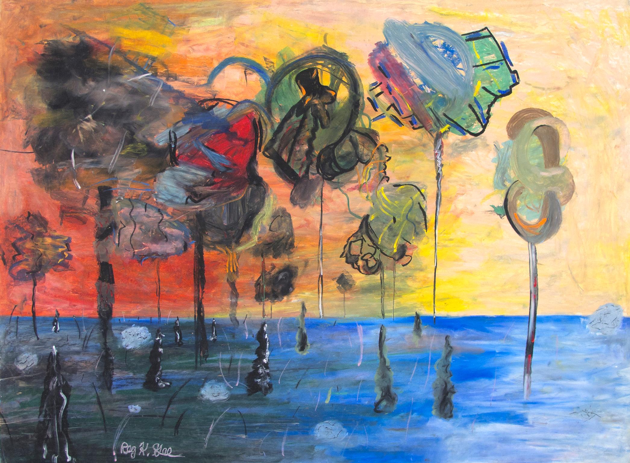 "Points Further Absent Vegetation" ist eine Original-Ölpastellzeichnung auf Illustrationskarton von Reginald K. Gee. Der Künstler hat das Werk unten links signiert. Dieses Werk zeigt eine abstrakte Landschaft mit schwebenden Formen auf blauem Grund.