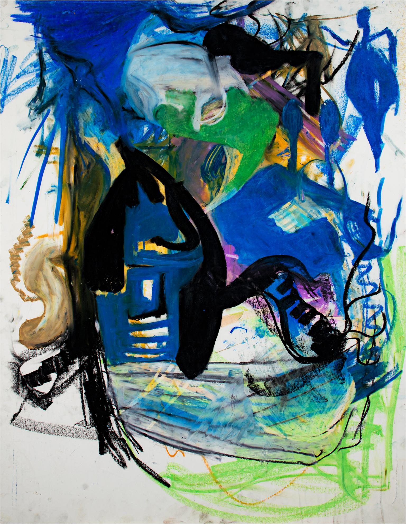 "Ohne Titel" ist eine Original-Ölpastellzeichnung auf Illustrationskarton von Reginald K. Gee. Dieses Werk zeigt abstrakte Zeichen in Blau, Schwarz, Grün und Gelb. 

40" x 30" Kunst
Individuelle Einrahmung ist möglich

Der zeitgenössische