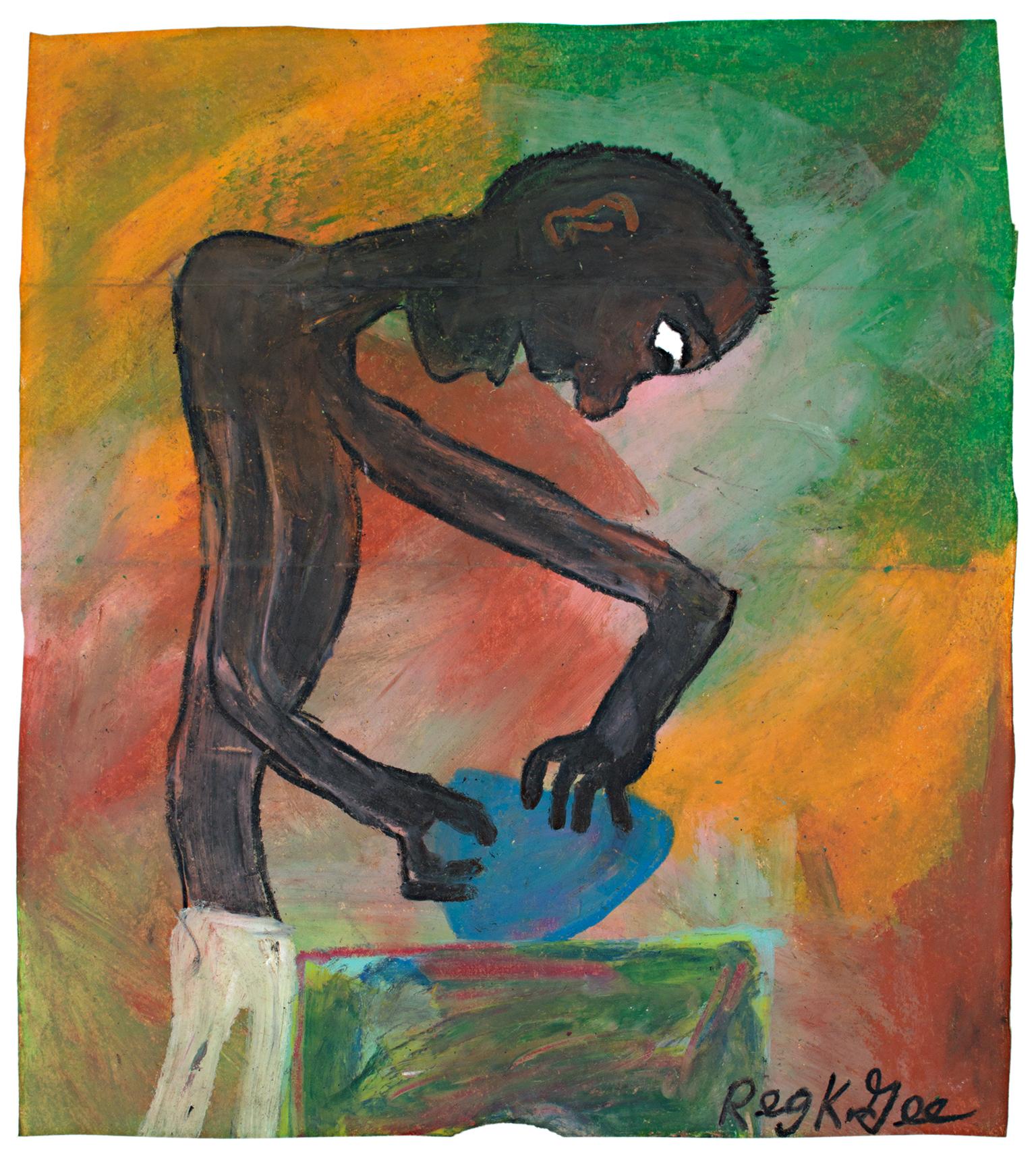 "Sculptor Begins" is an original oil pastel drawing on a Safeway grocery bag by Reginald K. Gee. The artist signed the piece lower right. This piece features a dark-skinned man beginning a sculpture with some blue clay. The background is green,
