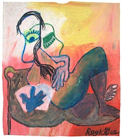 "Lounging Reader" Ritratto a pastello a olio su borsa della spesa firmato da Reginald K. Gee