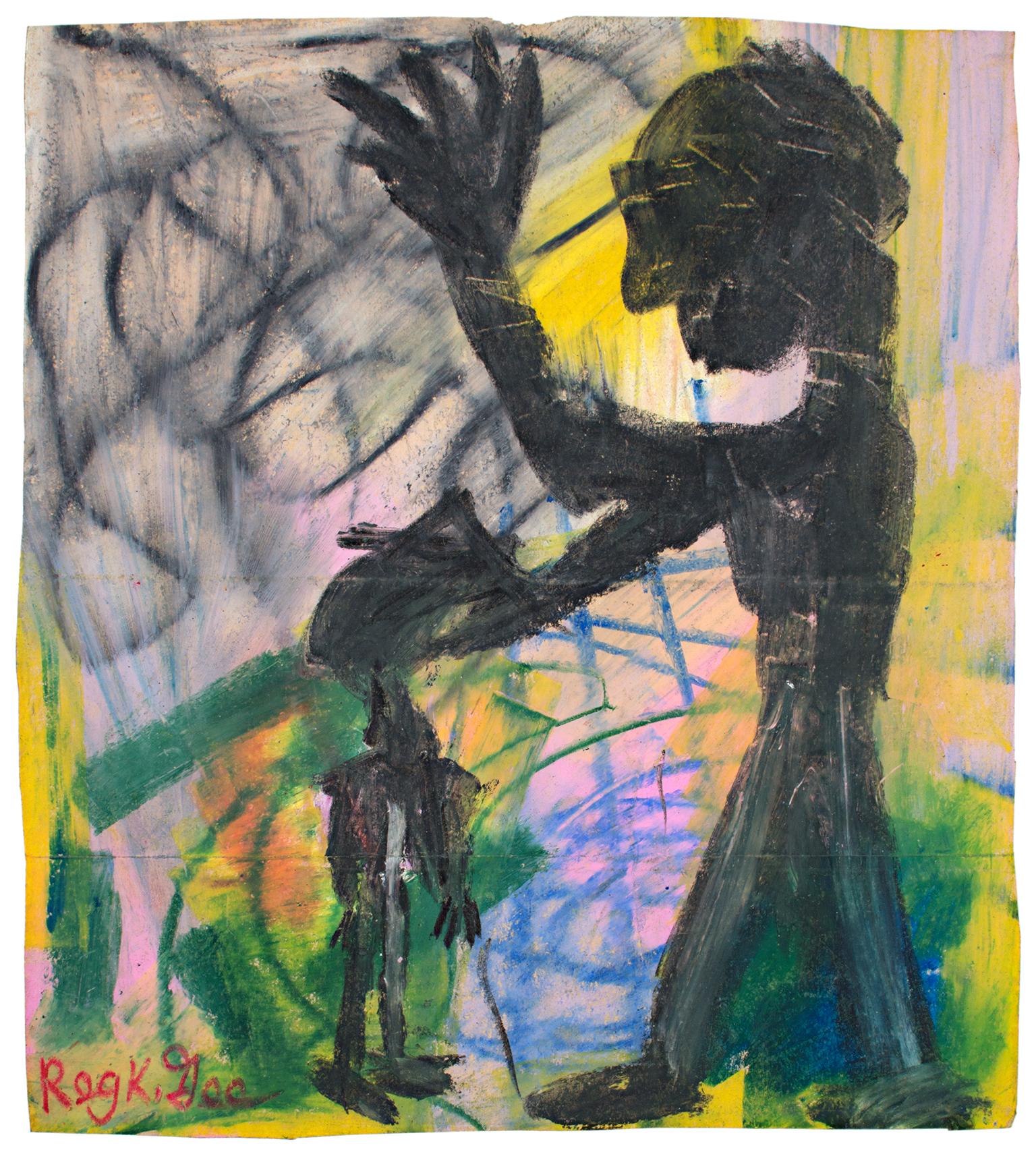 "Praying for Sam" is an original oil pastel drawing on a Safeway grocery bag by Reginald K. Gee. The artist signed the piece lower left. This piece features a large silhouetted figure blessing a smaller silhouetted figure. The background is an