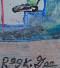 ""Thinking it Through", Öl pastellfarben auf Einkaufstasche, signiert von Reginald K. Gee