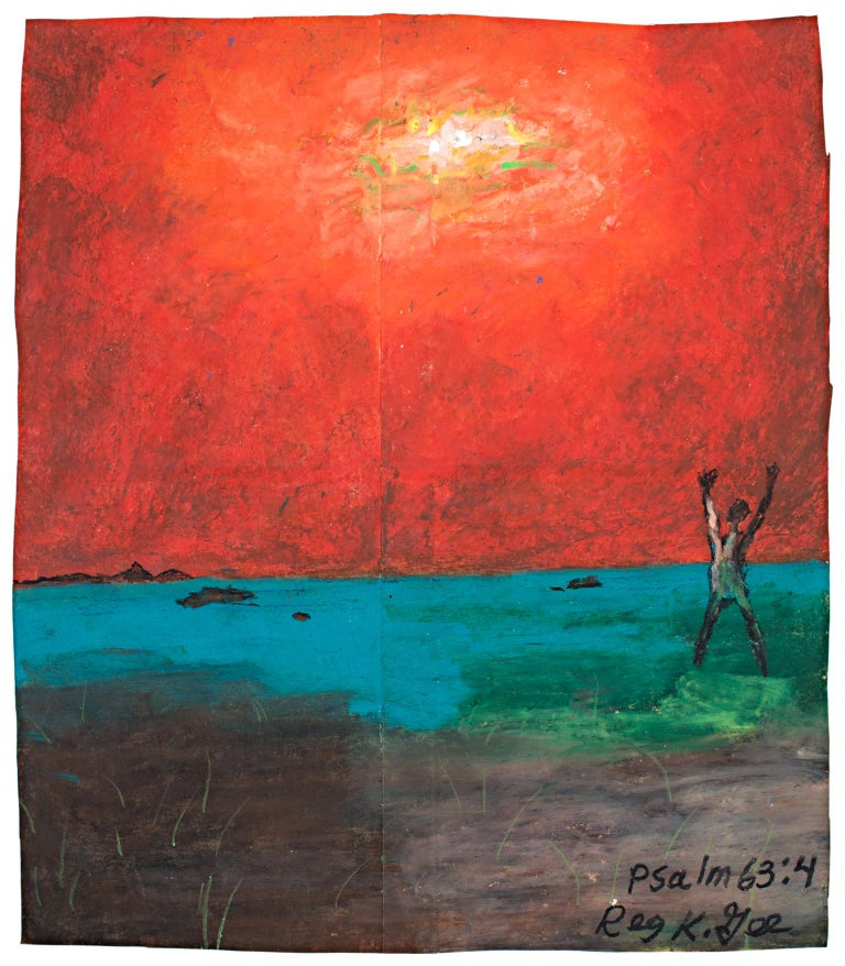 "Psalm 63:4...While I Live" is a religious original oil pastel drawing on a grocery bag by Reginald K. Gee. The artist signed and titled the piece lower right. This piece illustrates the fourth line in psalm 63: "I Will Praise You As Long As I Live"