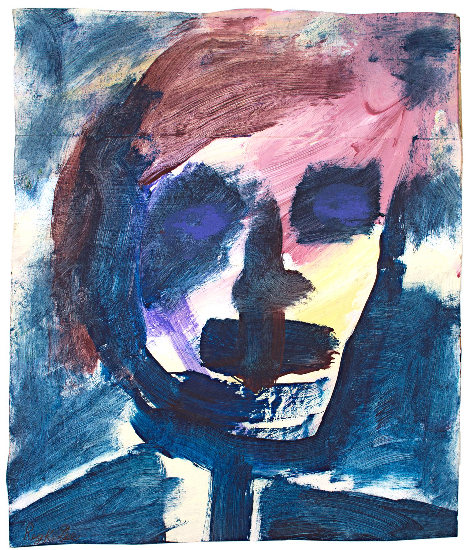 "Skeletype Grape" is an original acrylic painting and pastel on a grocery bag by Reginald K. Gee. The artist signed the piece lower left. This artwork features an abstract portrait of a man in deep blue, pink, purple, brown, and yellow. 

14" x 12"