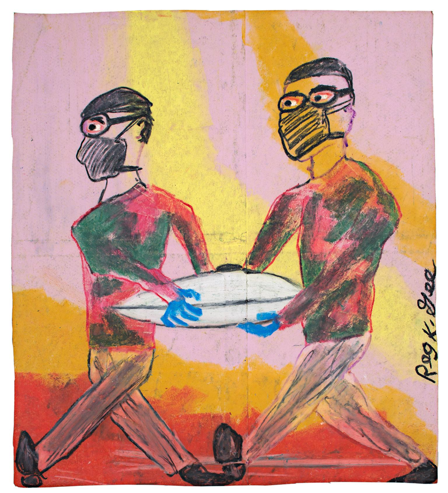 "Removing Saucer" is an original oil pastel drawing on a Safeway grocery bag by Reginald K. Gee. The artist signed the piece lower right. This piece features two men in face masks moving an unidentified flying object. They walk in front of a pink,