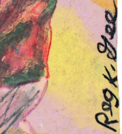 "Rimozione del piattino" Pastello figurativo a olio su borsa della spesa firmato da Reginald K. Gee