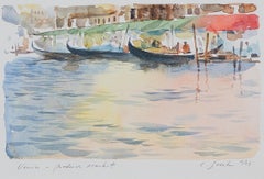 Aquarelle contemporaine paysage de ville paysage marin canal bateaux eau signée