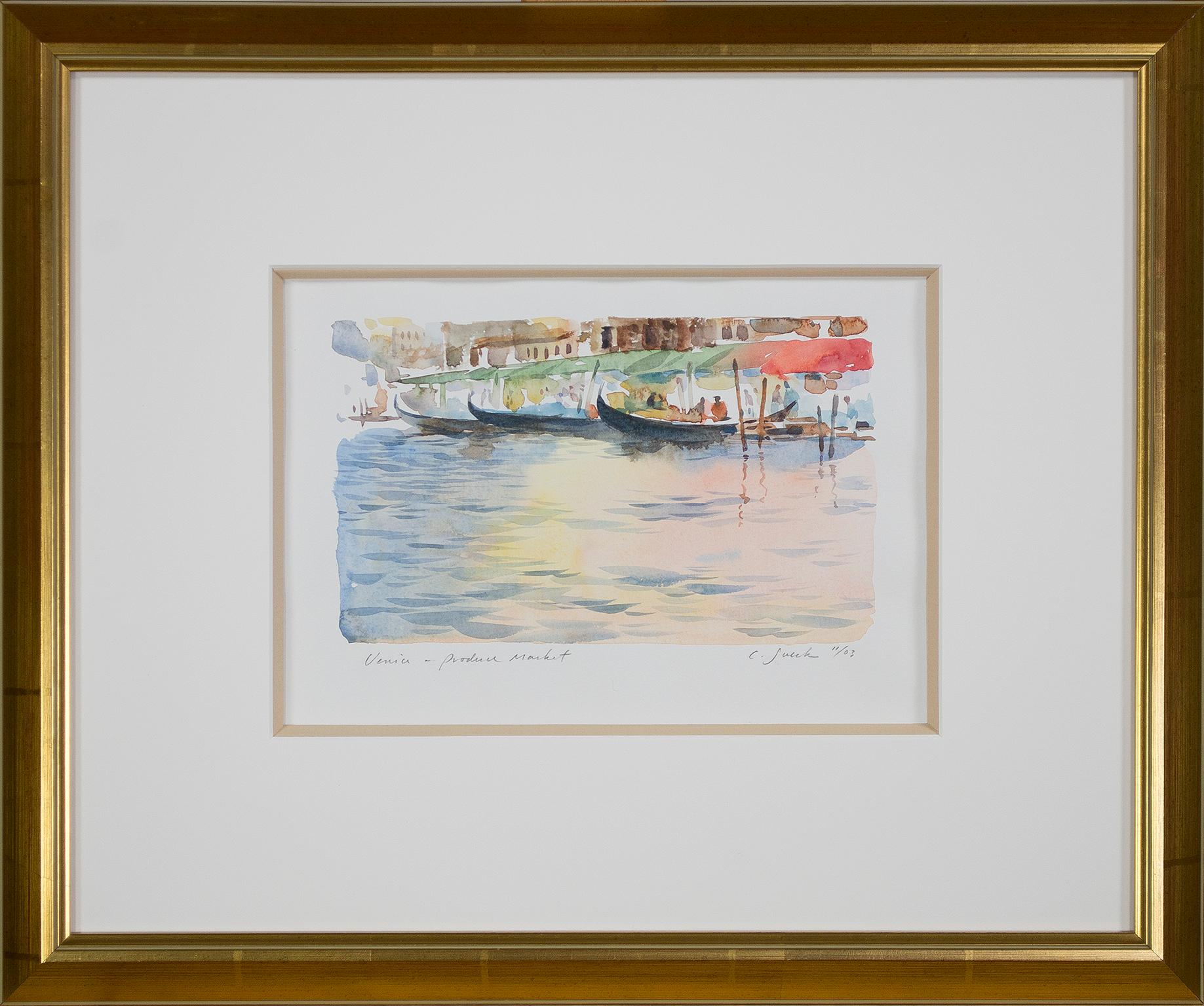 Acquerello contemporaneo paesaggio città mare canale barche acqua firmato in vendita 1