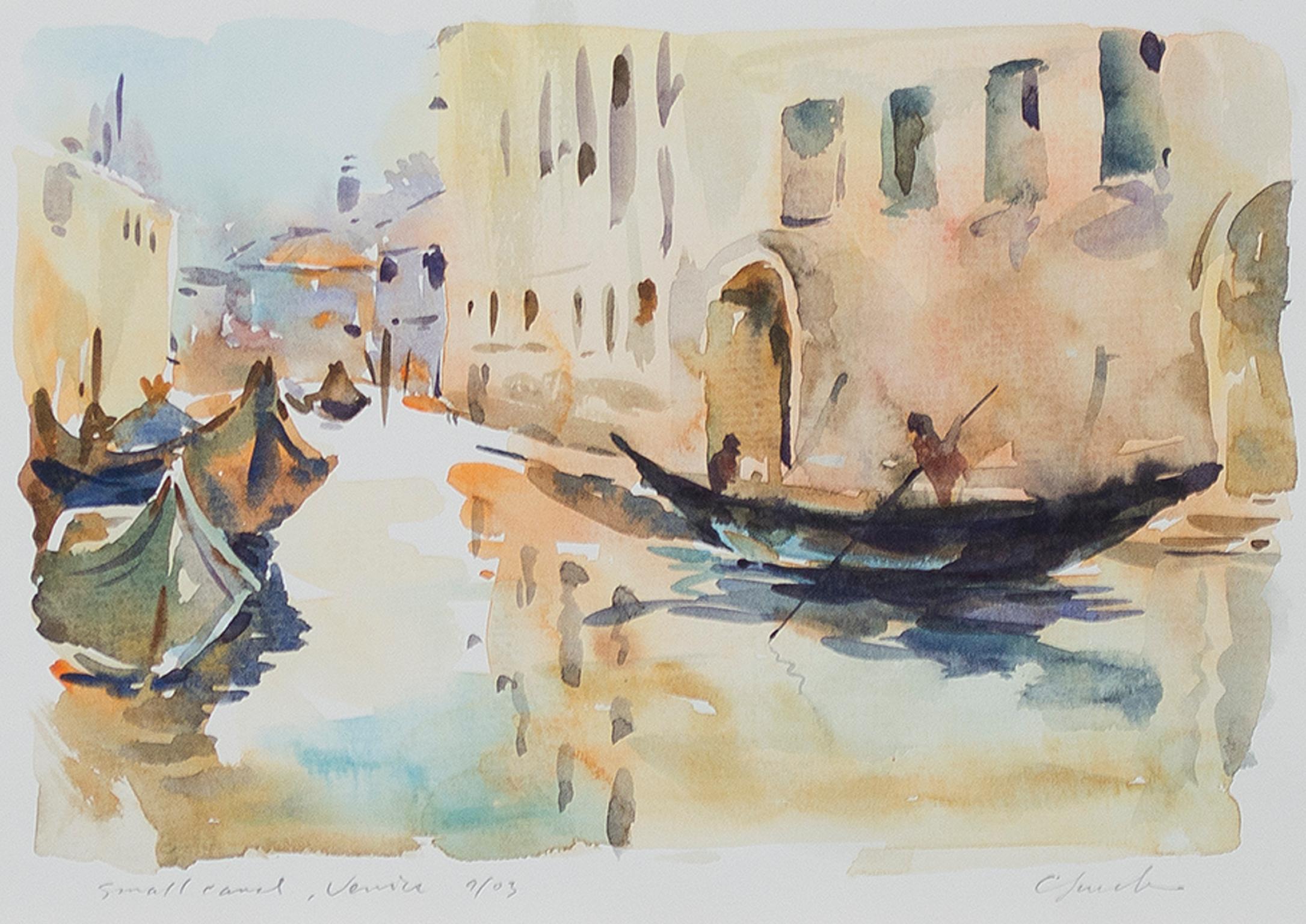 "Small Canal, Venice" is an original watercolor painting on Holbein watercolor paper by Craig Lueck. The artist signed the piece lower right and titled it lower left. It features a waterway in Italy with gondola boats and Italian architecture. 

5