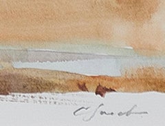 Contemporary watercolor landscape city rooftop buildings street sky signed