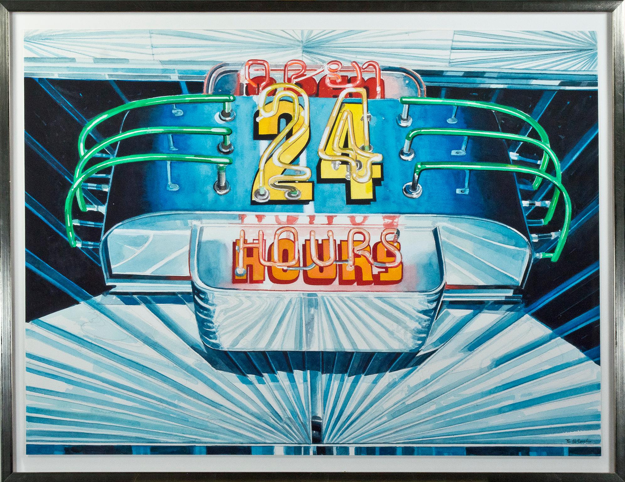 Contemporary watercolor photorealist colorful neon sign retro text signed For Sale 1
