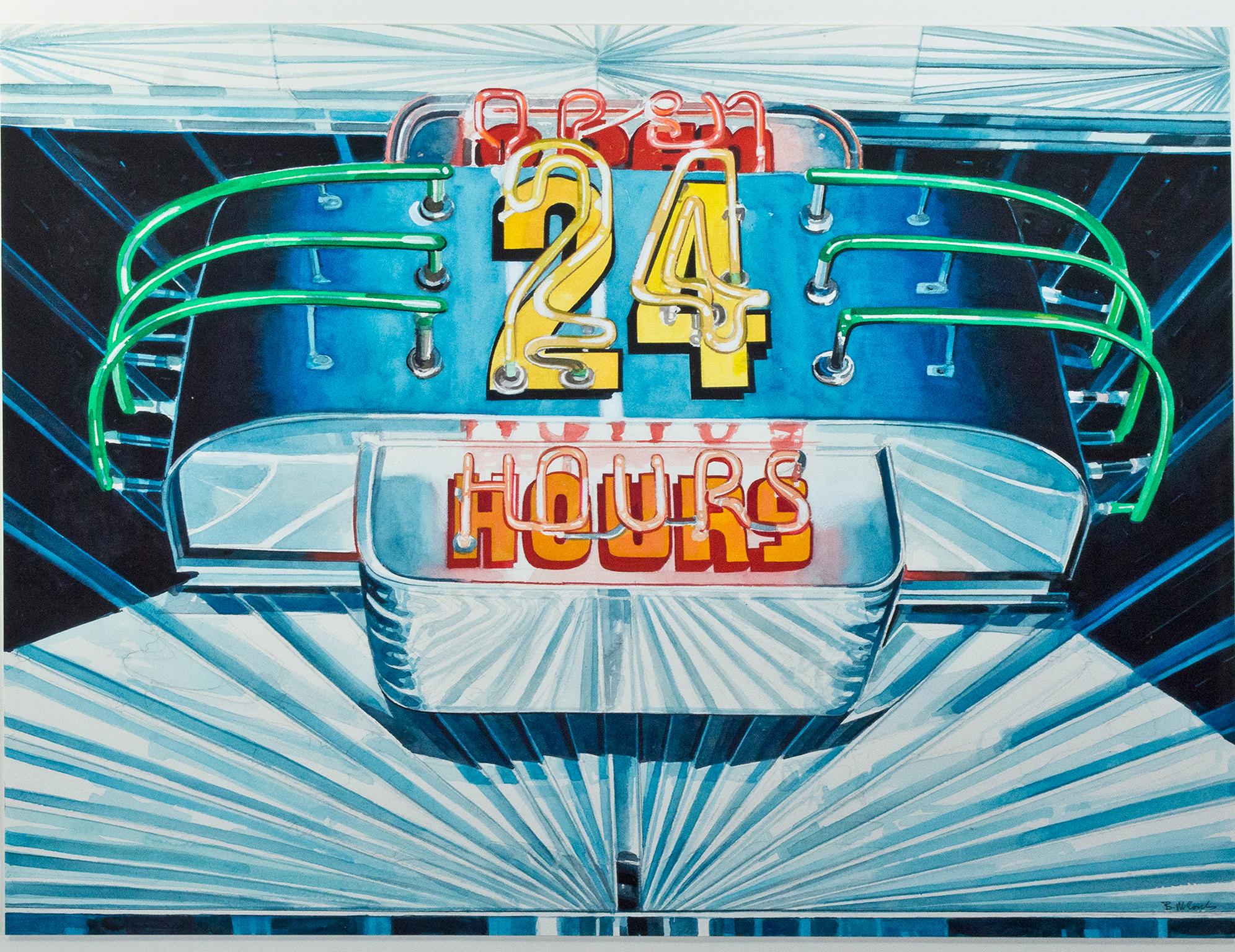 "Open 24 Hours, " Photorealist Watercolor signed by Bruce McCombs