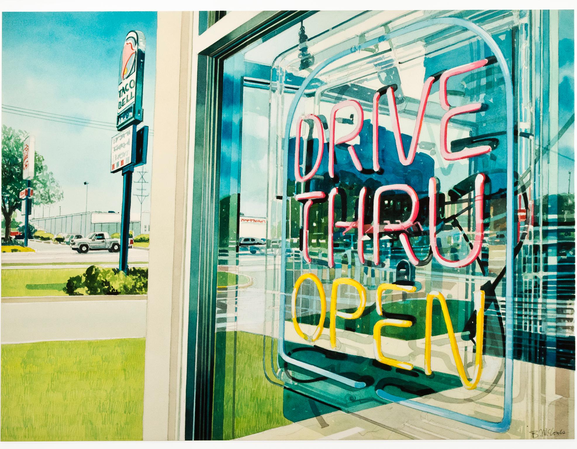 "Drive Thru Open" is an original watercolor painting by Bruce McCombs. The artist signed the piece lower right. This piece features a photorealist depiction of a drive thru sign in a reflective window. A Taco Bell sign rises in the background. 

21