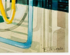 Contemporary watercolor photorealist landscape colorful neon sign text signed