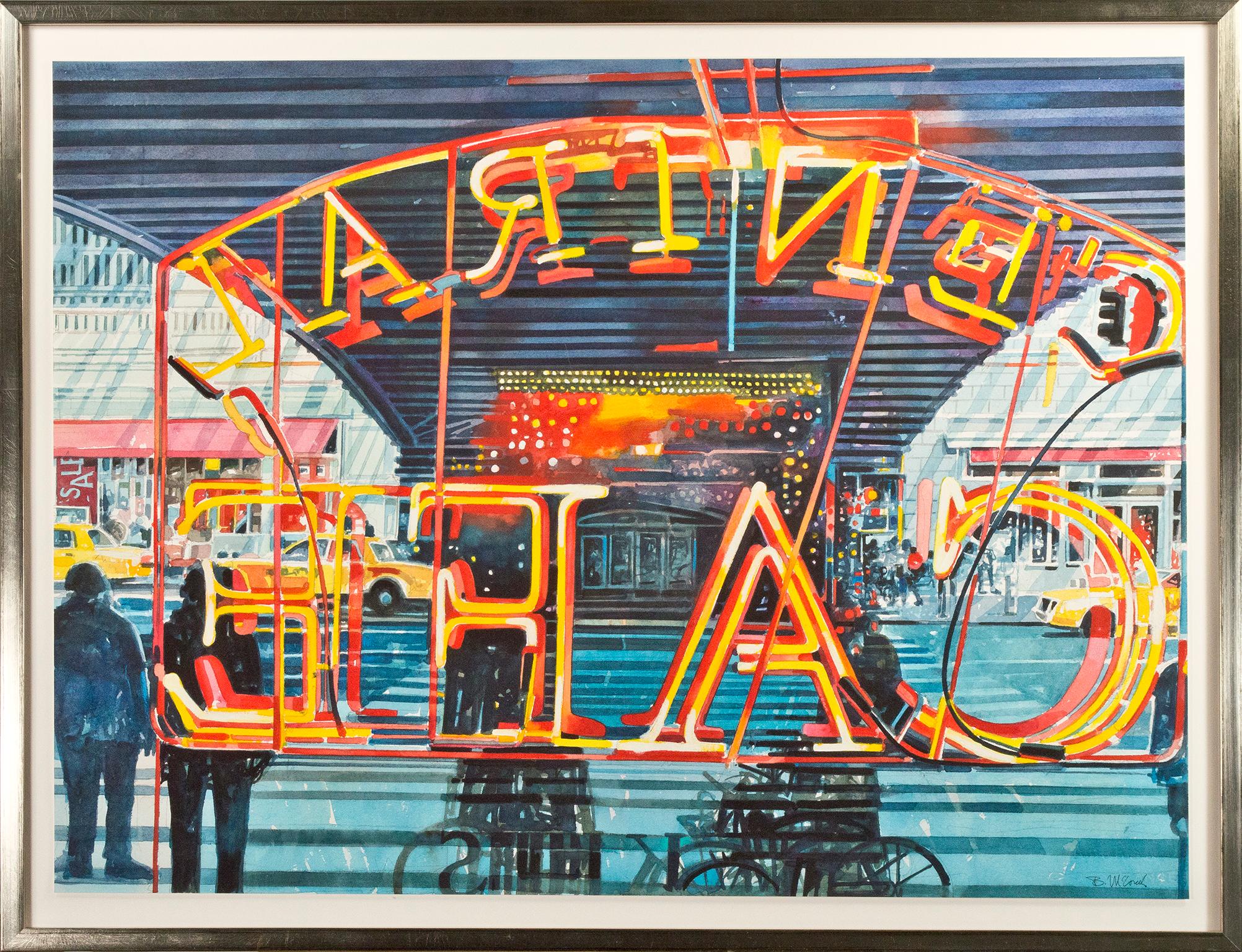 Contemporary Aquarell fotorealistischen bunten Leuchtreklame städtischen Stadt Text unterzeichnet im Angebot 2