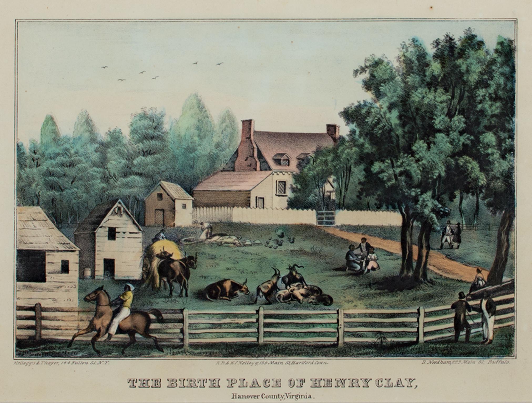 "Birthplace of Henry Clay, Hanover County, Virginia" ist eine originale handkolorierte Lithographie von Kelloggs & Thayer. Das Stück zeigt ein Gehöft und Bauernhoftiere. 

11 1/2" x 14 1/4" Kunst
19 3/8" x 23" Rahmen

Von etwa 1830 bis zum Ende des