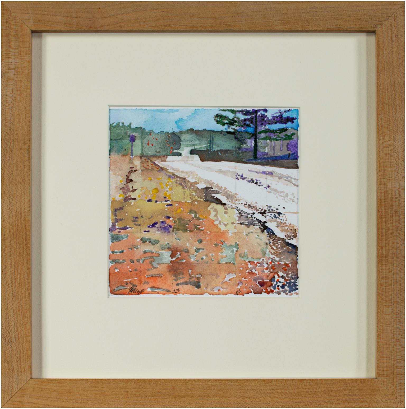 Paisaje contemporáneo acuarela carretera grava árboles cielo firmado en venta 2