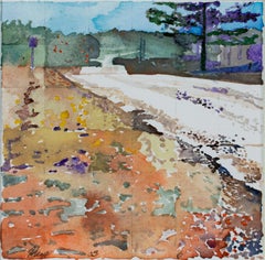 Contemporary Landschaft Aquarell Straße Schotter Bäume Himmel unterzeichnet