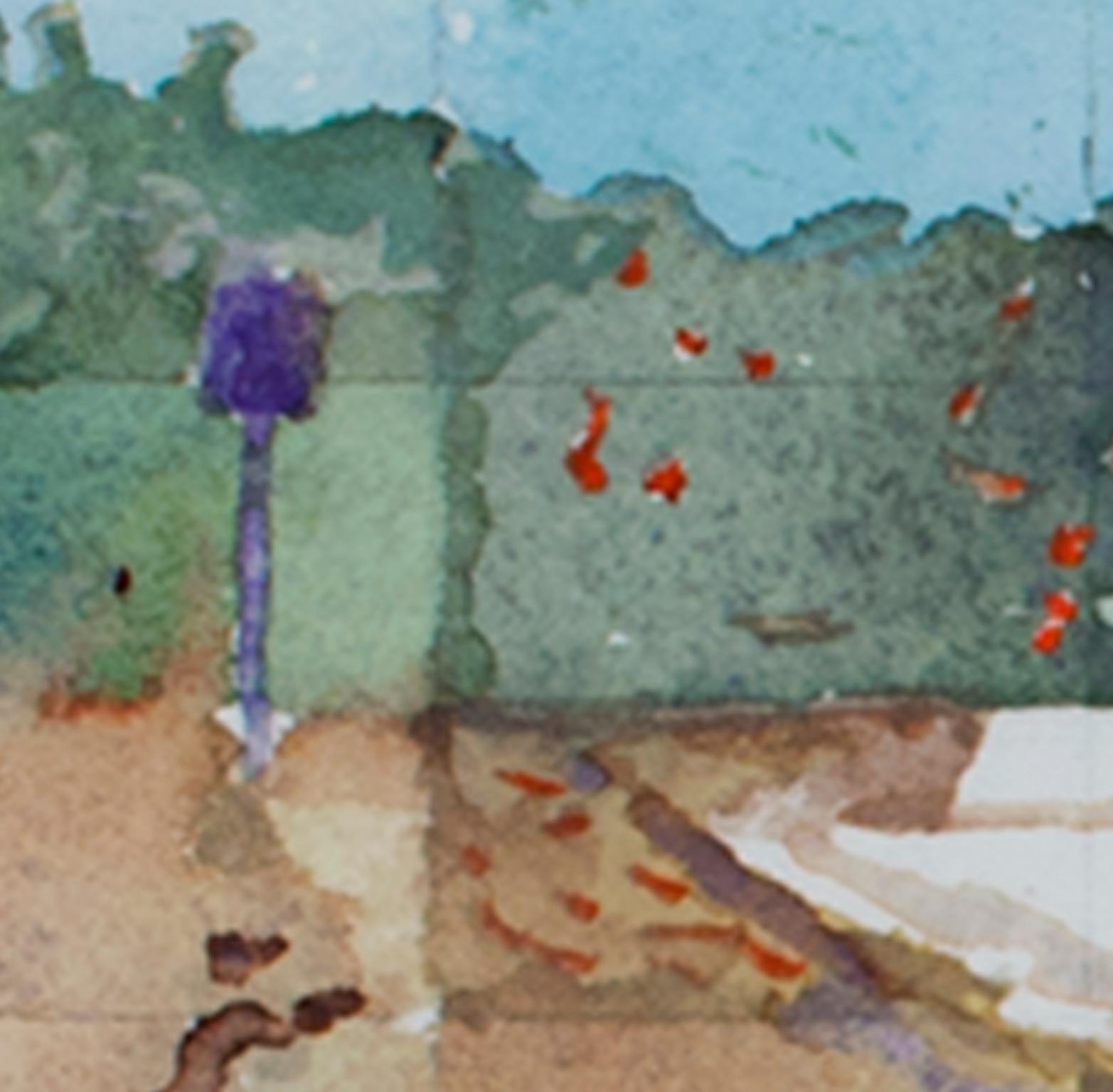 Paisaje contemporáneo acuarela carretera grava árboles cielo firmado - Landscape Art Marrón de Kevin Knopp