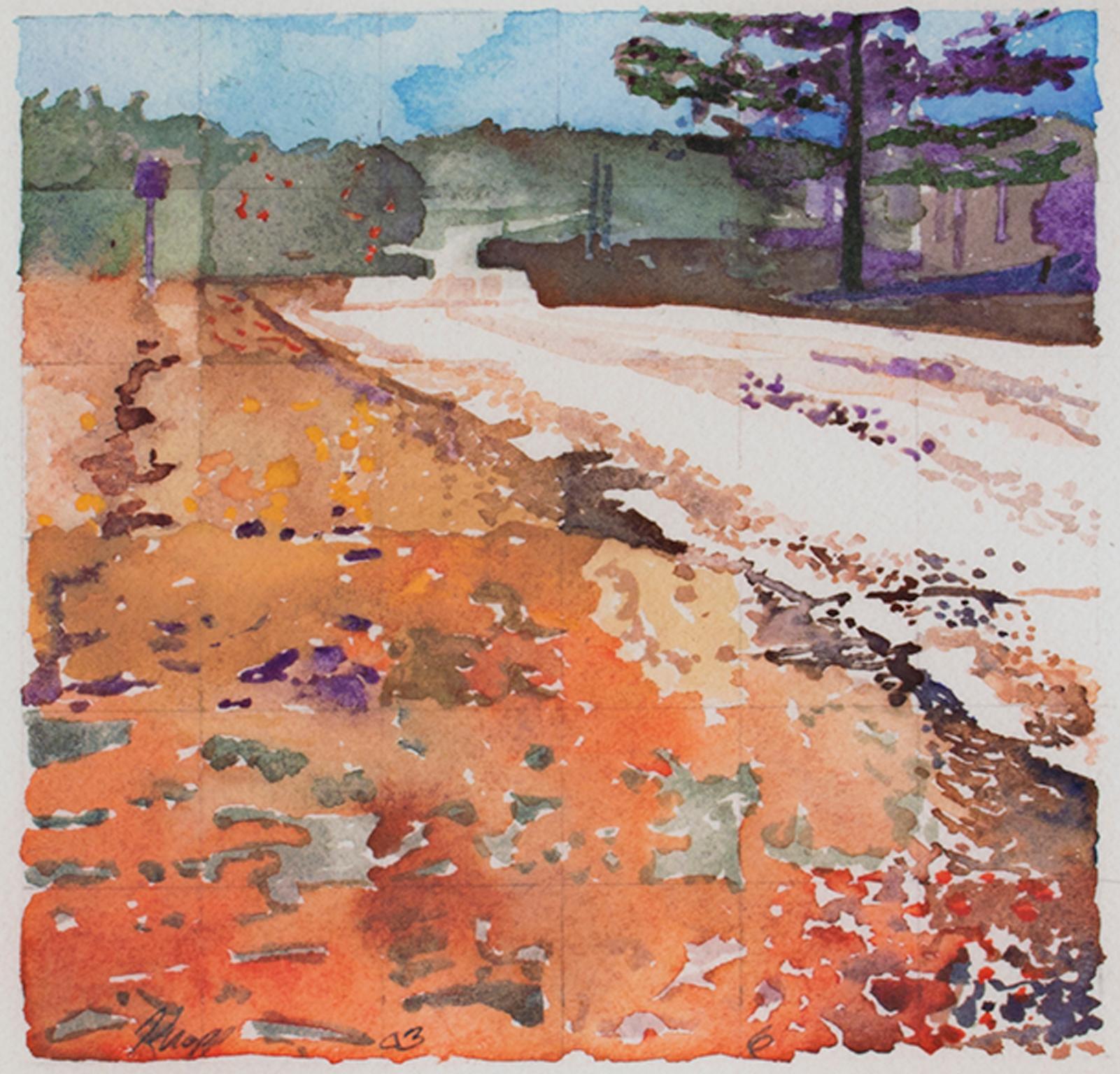 "Road I Travel #6" ist ein Giclee-Druck auf Aquarellpapier nach einem Original-Aquarell von Kevin Knopp. Dieses Kunstwerk zeigt eine unbefestigte und geschotterte Straße. 

7 1/4" x 7 1/4" Kunst
20 3/8" x 19 5/8" Rahmen

Maler aus