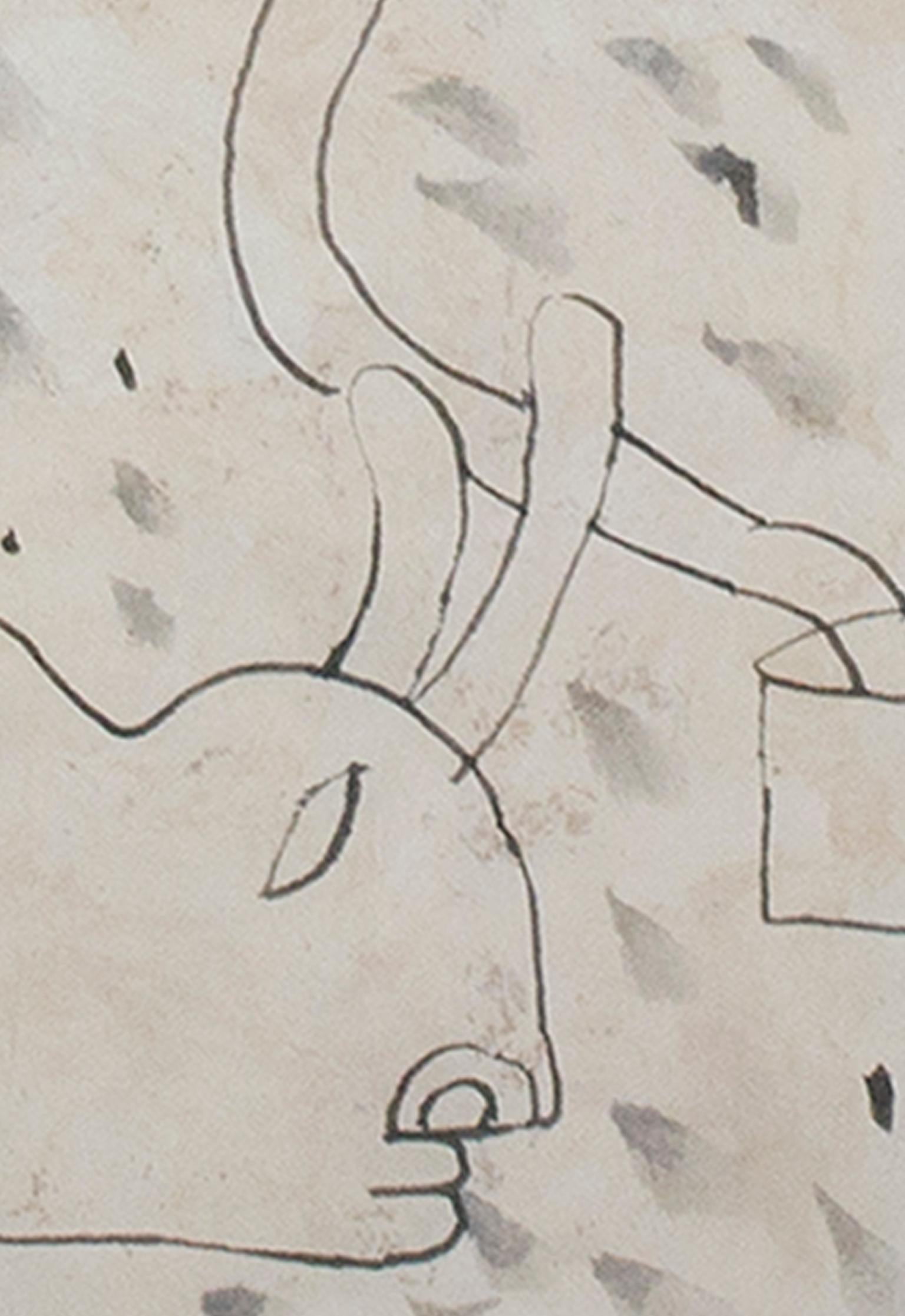 « Ancient Desert Rabbit », encre sur papier fait main signée par Miguel Castro Leero - Gris Animal Art par Miguel Castro Leñero