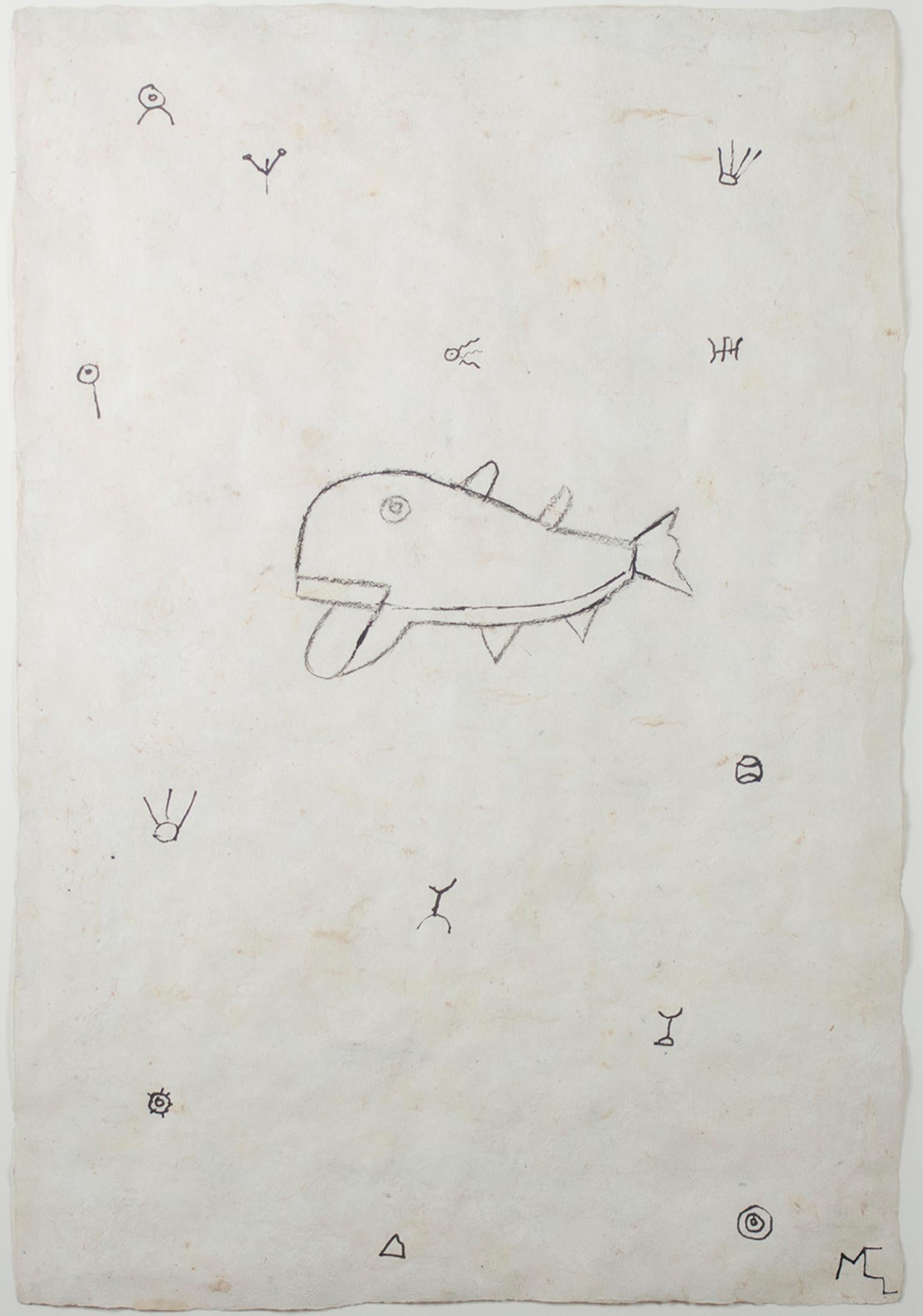 „Whale in a Sea of Symbols“, Zeichnung auf handgefertigtem Papier von Miguel Castro Leero